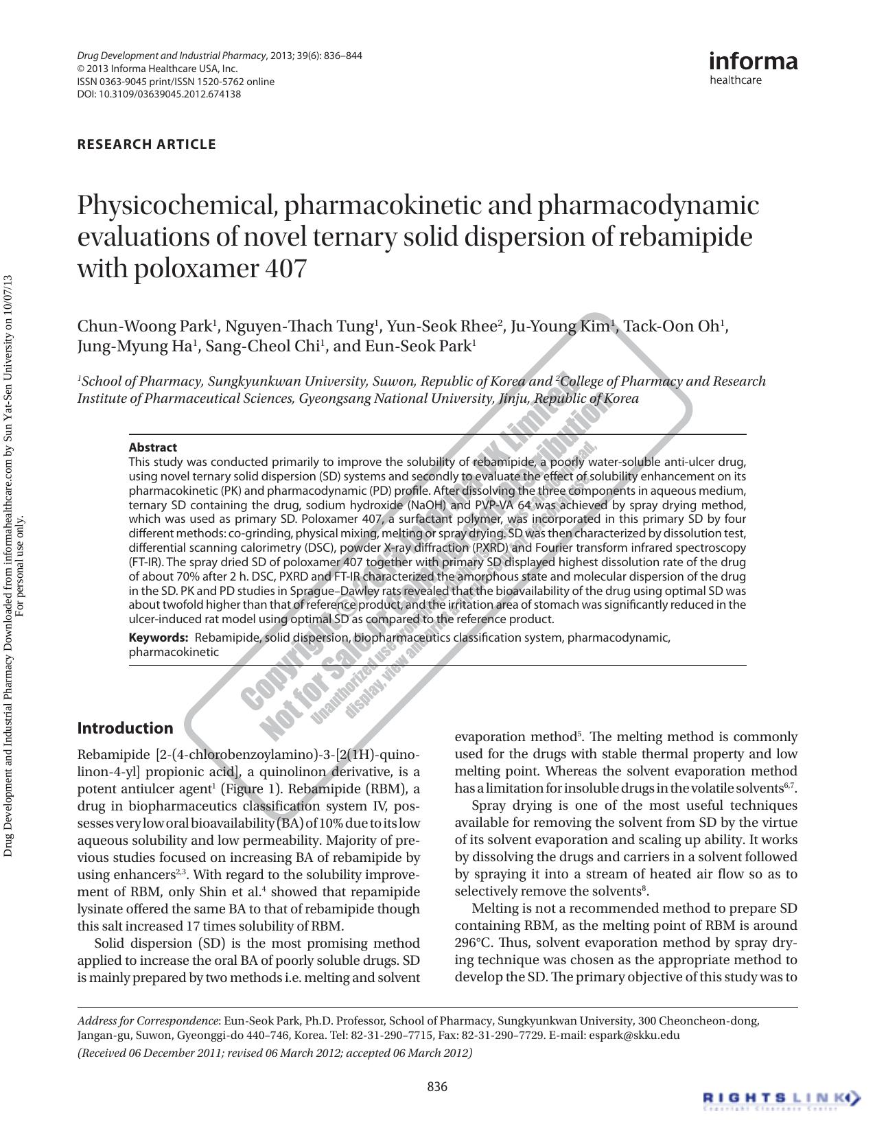 Physicochemical, pharmacokinetic and pharmacodynamic evaluations of novel ternary solid dispersion of rebamipide with poloxamer 407 by unknow