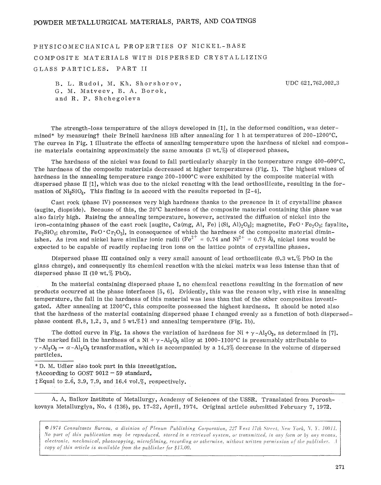 Physicomechanical properties of nickel-base composite materials with dispersed crystallizing glass particles. Part II by Unknown