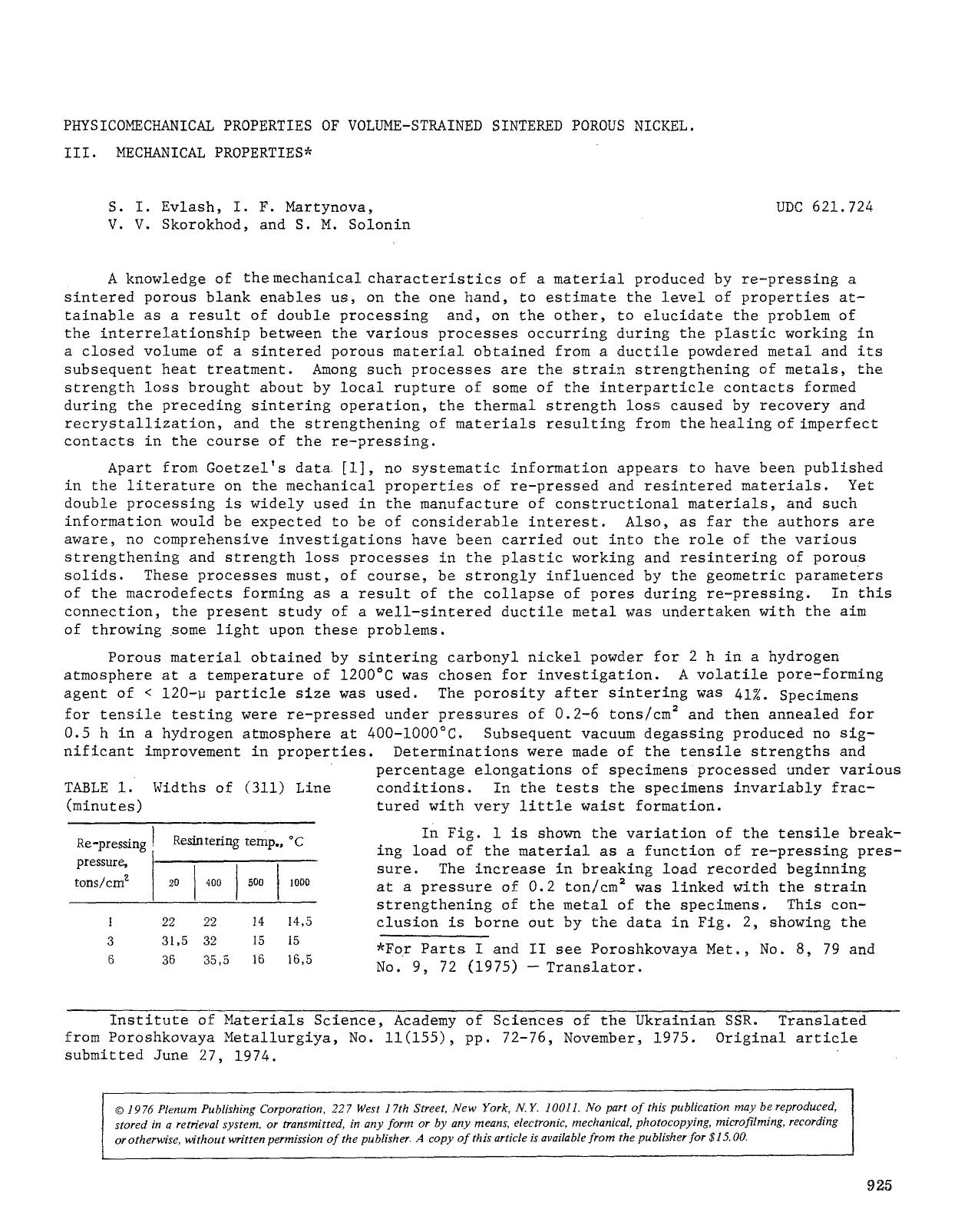 Physicomechanical properties of volume-strained sintered porous nickel III. Mechanical properties by Unknown