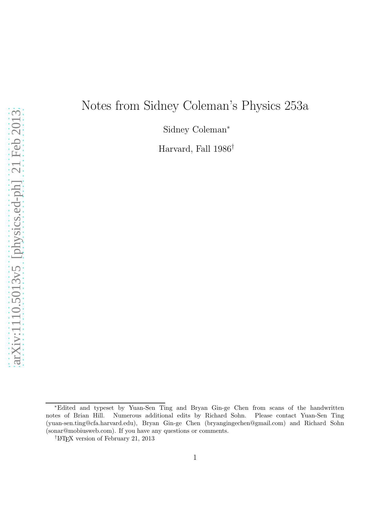 Physics 253a: Relativistic quantum mechanics by Coleman S