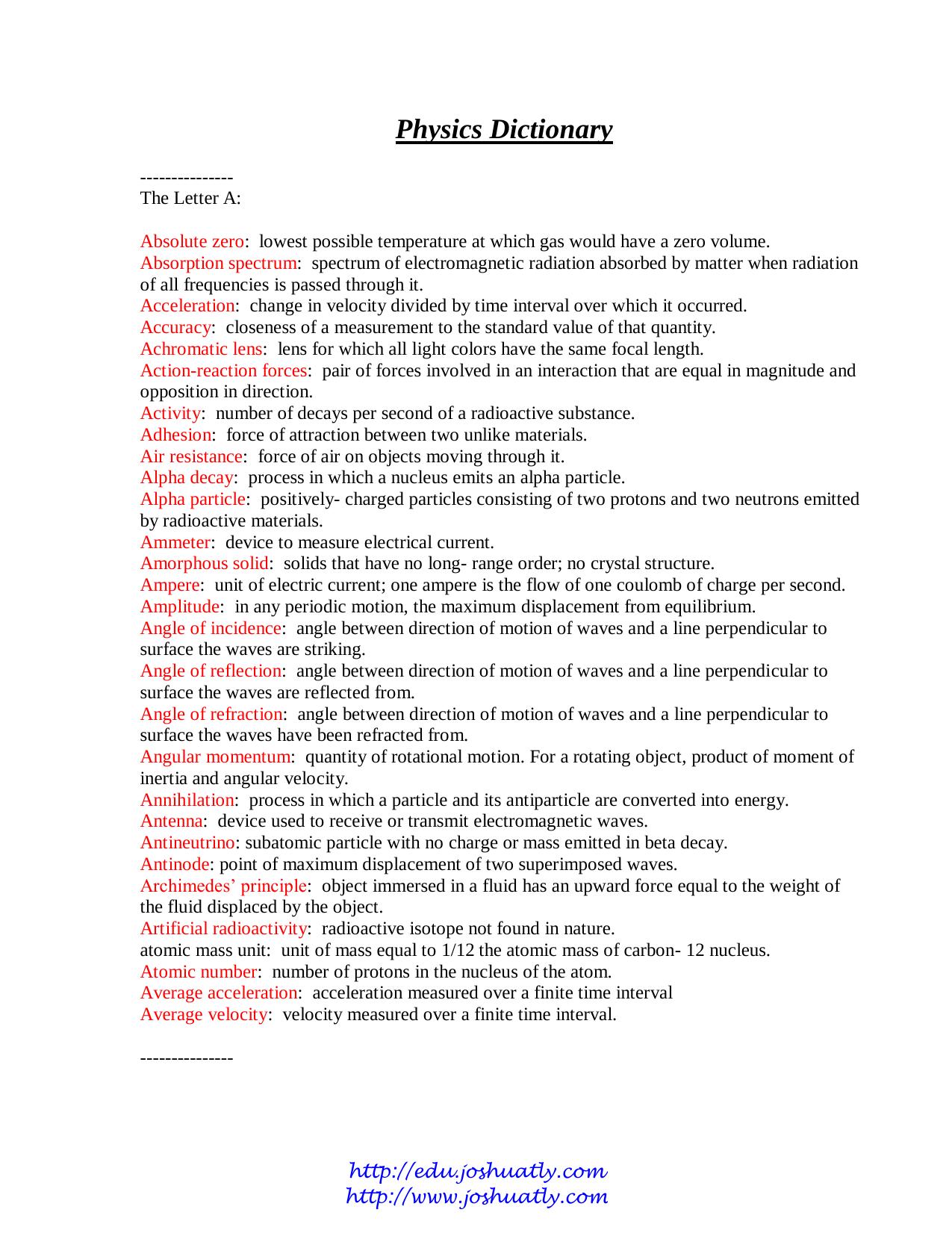 Physics Dictionary by Joshuatly