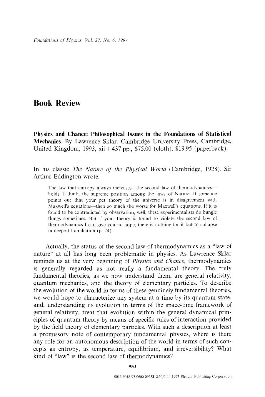Physics and Chance: Philosophical Issues in the Foundations of Statistical Mechanics by Unknown