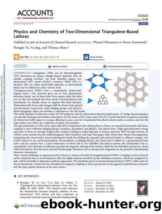 Physics and Chemistry of Two-Dimensional Triangulene-Based Lattices by Hongde Yu Yu Jing & Thomas Heine