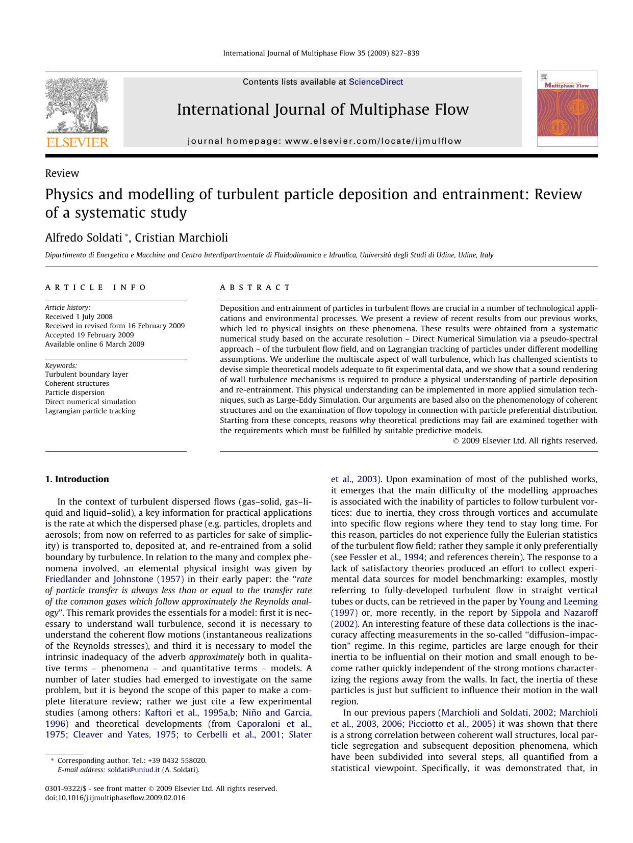 Physics and modelling of turbulent particle deposition and entrainment: Review of a systematic study by Alfredo Soldati; Cristian Marchioli