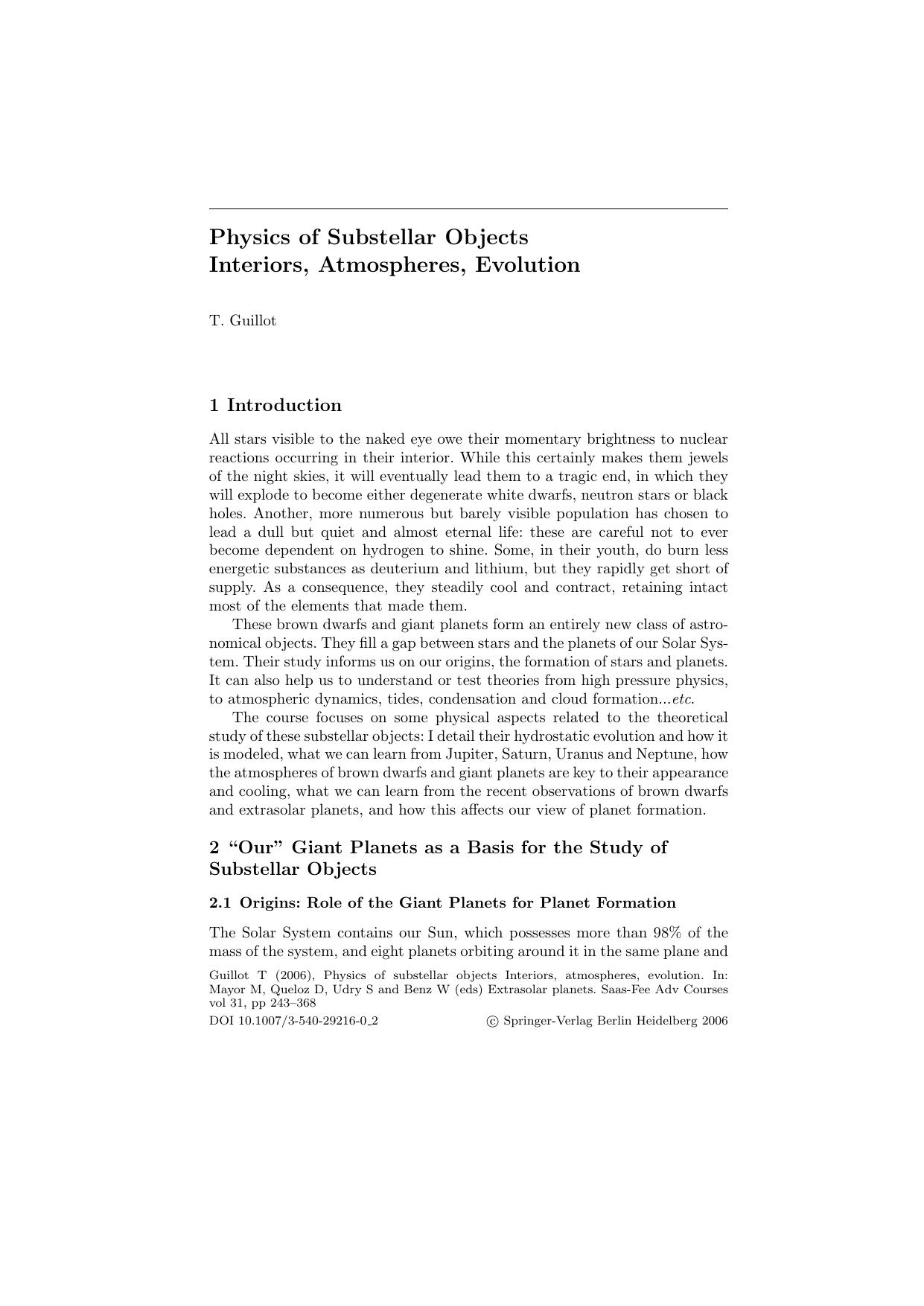 Physics of Substellar Objects Interiors, Atmospheres, Evolution by Unknown