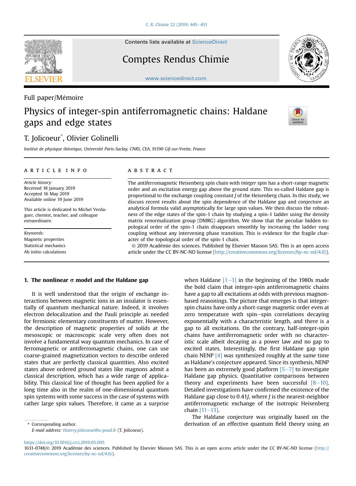 Physics of integer-spin antiferromagnetic chains: Haldane gaps and edge states by T. Jolicoeur & Olivier Golinelli