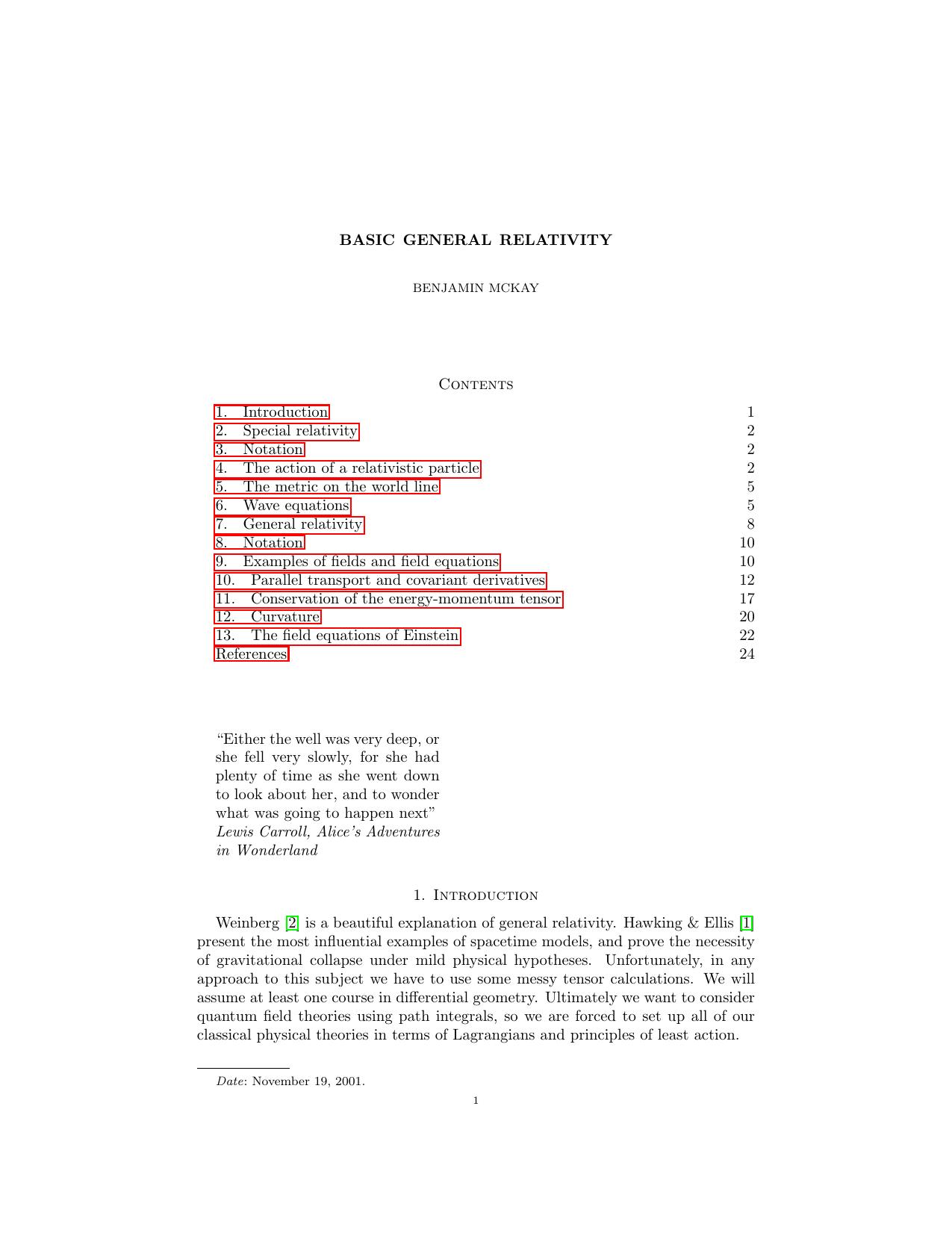 Physics. Basic General Relativity by Benjamin McKay U of Utah