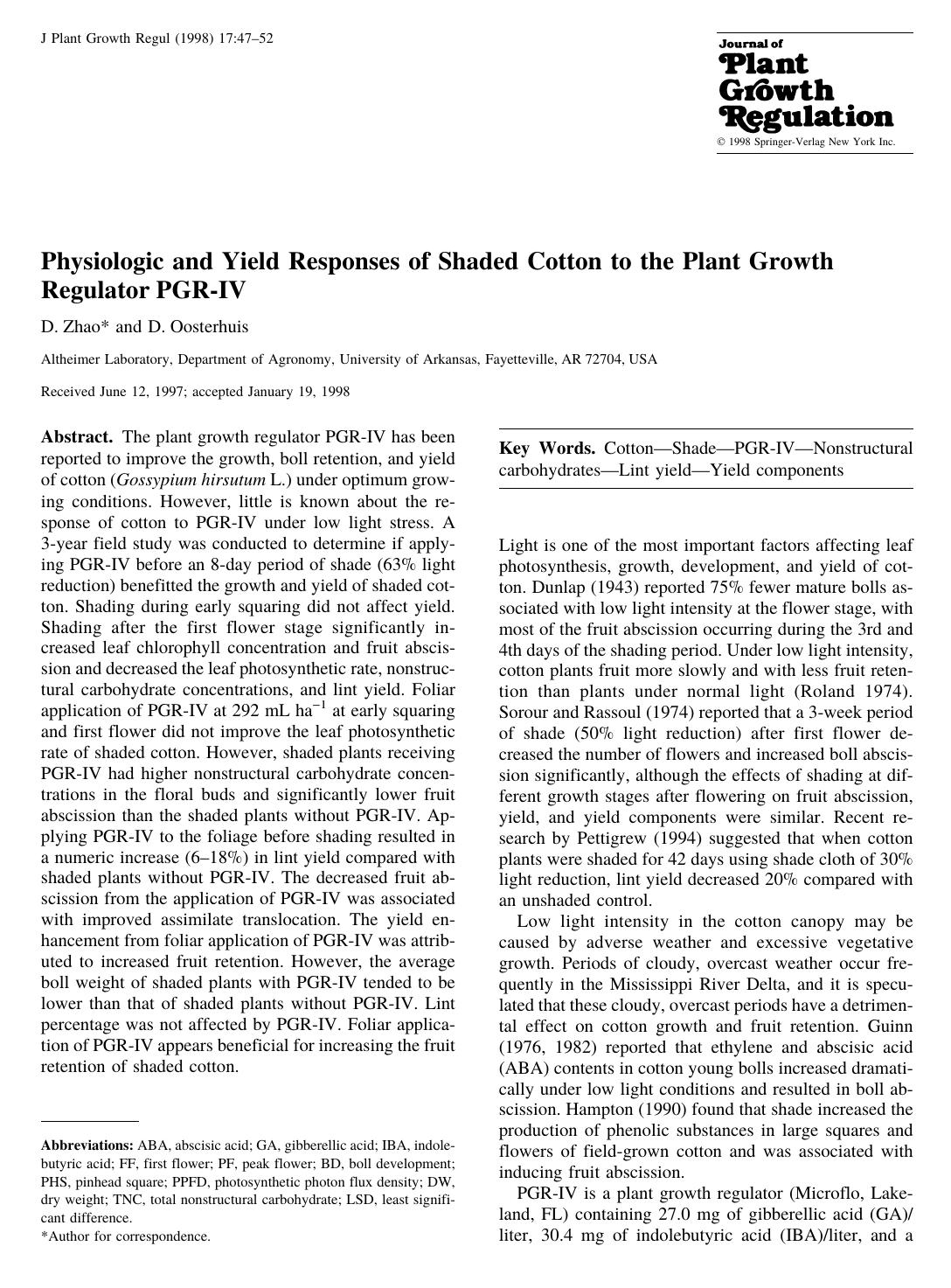 Physiologic and Yield Responses of Shaded Cotton to the Plant Growth Regulator PGR-IV by Zhao D. et al