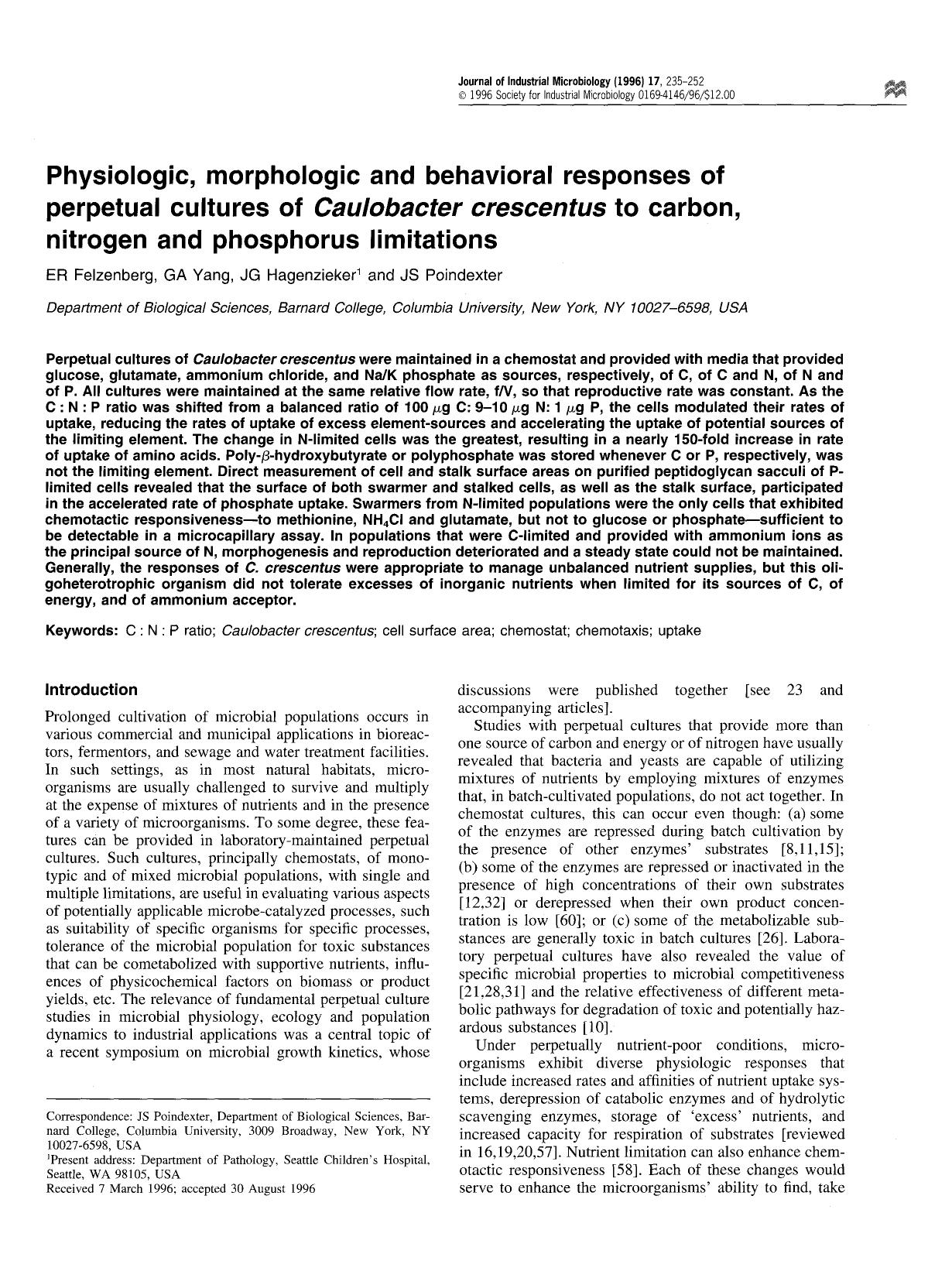 Physiologic, morphologic and behavioral responses of perpetual cultures of <Emphasis Type="Italic">Caulobacter crescentus <Emphasis> to carbon, nitrogen and phosphorus limitations by Unknown