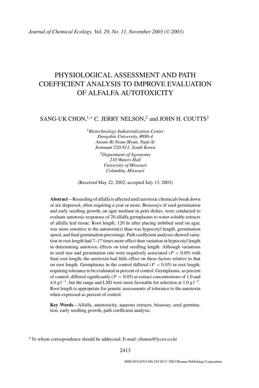 Physiological Assessment and Path Coefficient Analysis to Improve Evaluation of Alfalfa Autotoxicity by Unknown