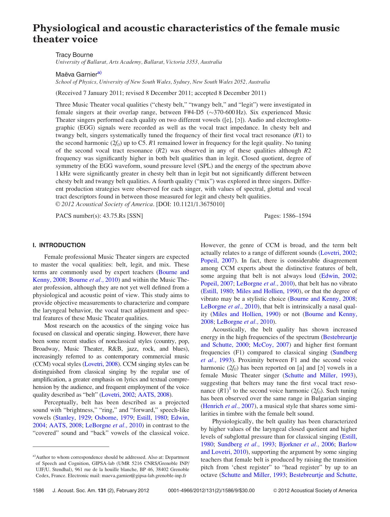 Physiological and acoustic characteristics of the female music theater voice by Tracy Bourne and Mae¨va Garnier