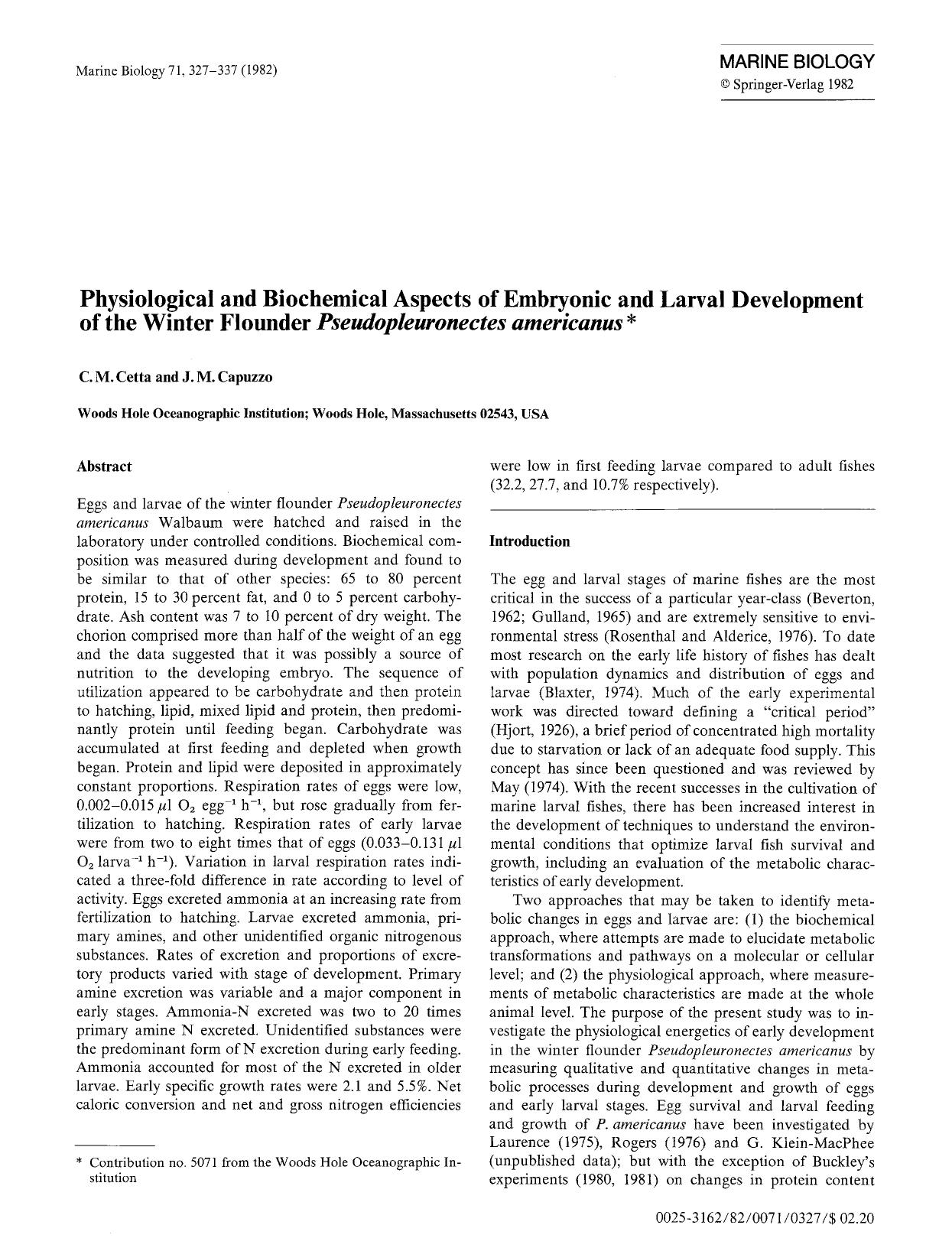 Physiological and biochemical aspects of embryonic and larval development of the winter flounder <Emphasis Type="Italic">Pseudopleuronectes americanus<Emphasis> by Unknown