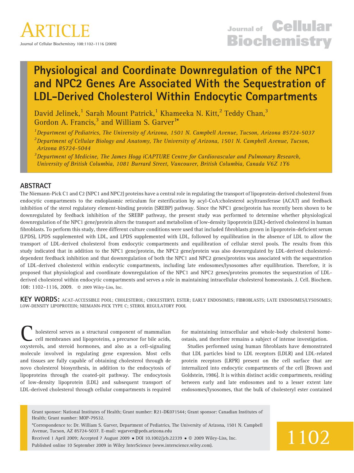 Physiological and coordinate downregulation of the NPC1 and NPC2 genes are associated with the sequestration of LDL-derived cholesterol within endocytic compartments by Unknown