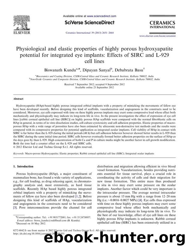 Physiological and elastic properties of highly porous hydroxyapatite potential for integrated eye implants Effects of SIRC and L-929 cell lines by Biswanath Kundu & Dipayan Sanyal & Debabrata Basu