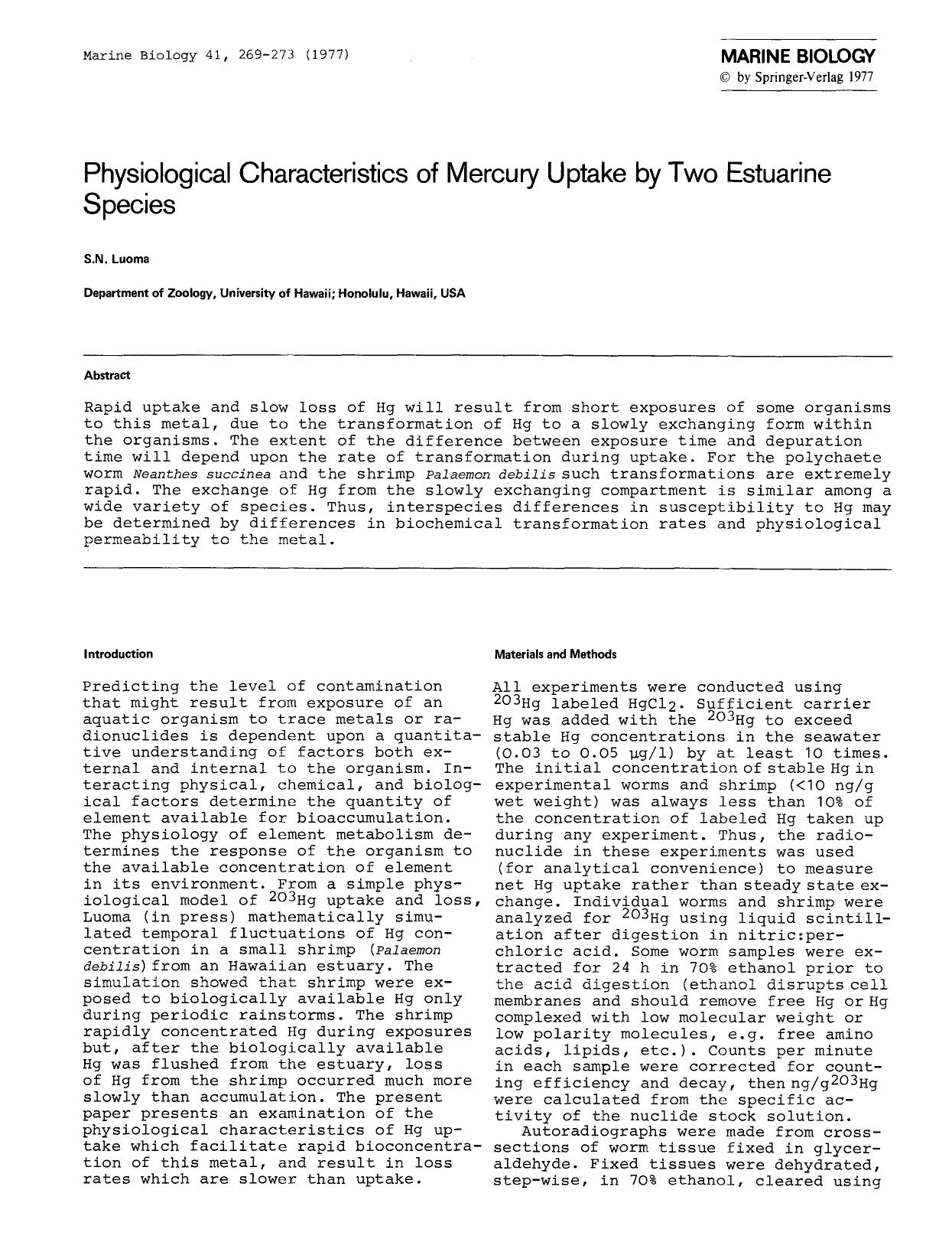 Physiological characteristics of mercury uptake by two estuarine species by Unknown