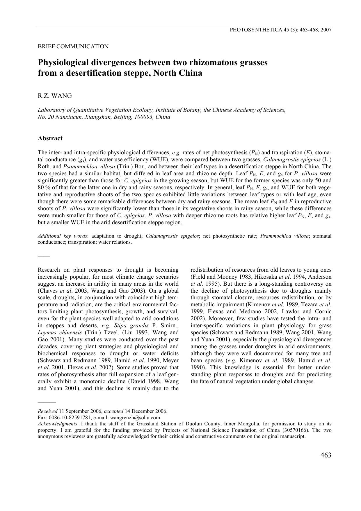 Physiological divergences between two rhizomatous grasses from a desertification steppe, North China by Unknown