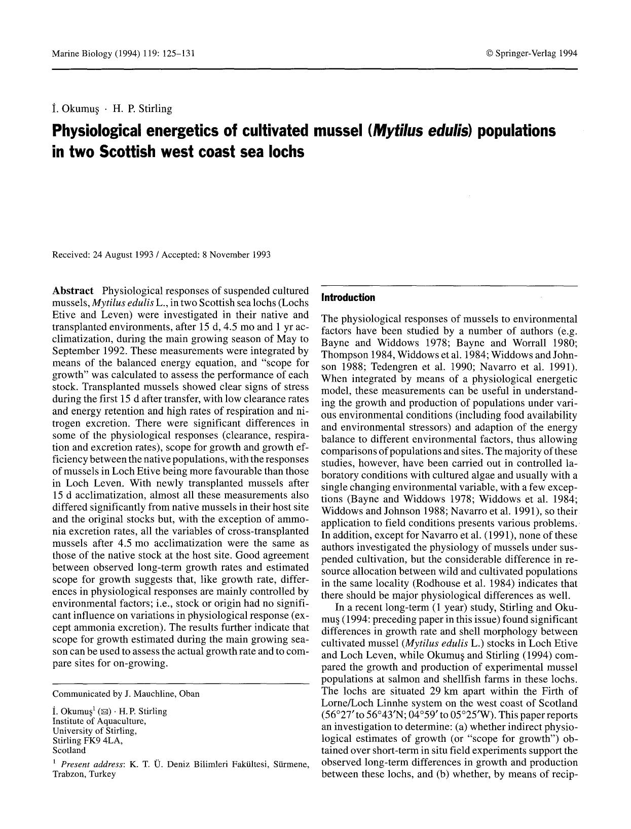 Physiological energetics of cultivated mussel (<Emphasis Type="Italic">Mytilus edulis<Emphasis>) populations in two Scottish west coast sea lochs by Unknown
