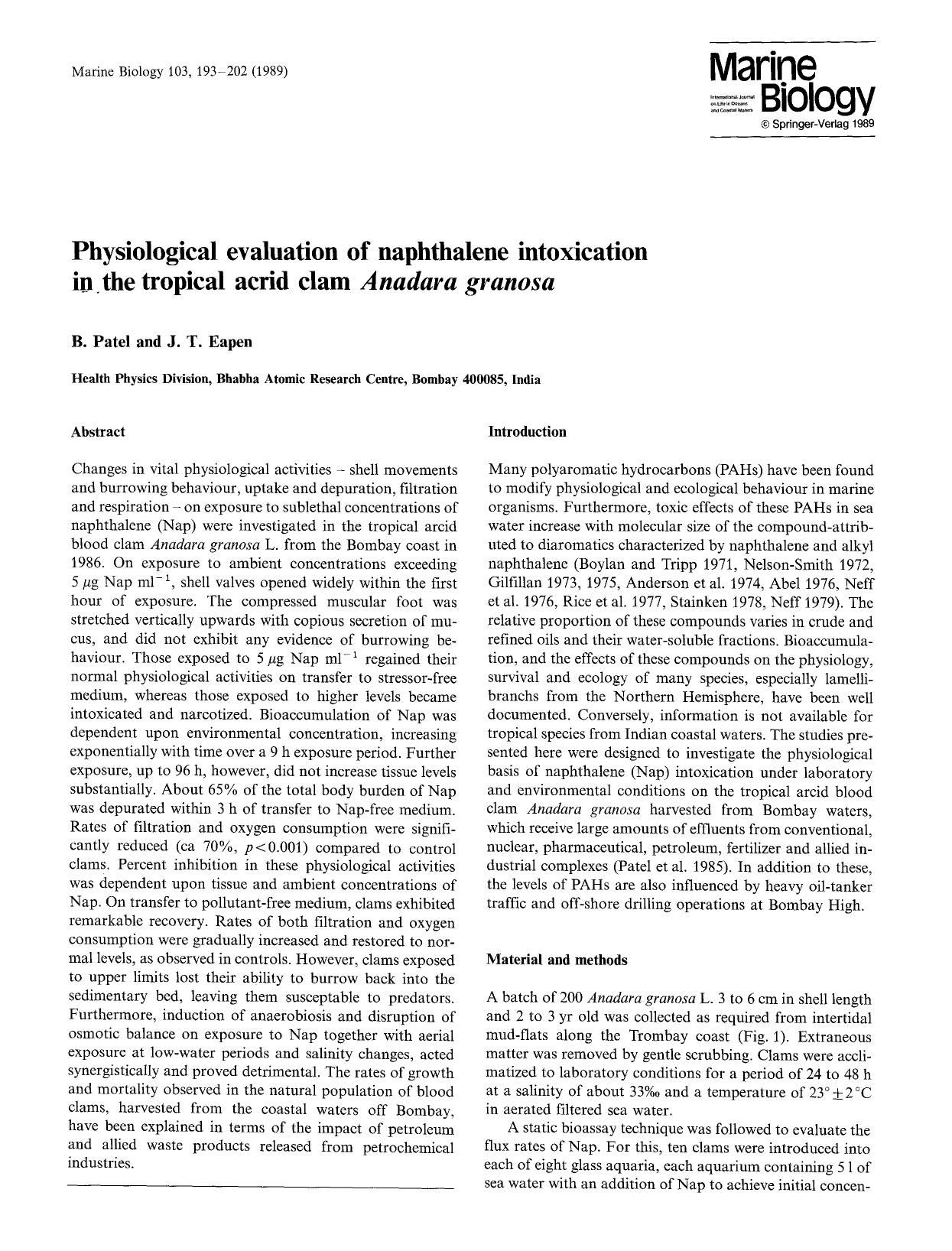 Physiological evaluation of naphthalene intoxication in the tropical acrid clam <Emphasis Type="Italic">Anadara granosa<Emphasis> by Unknown