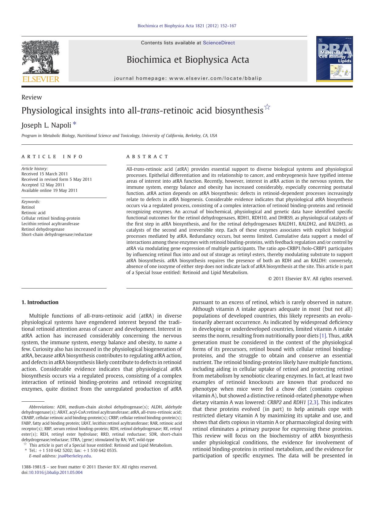 Physiological insights into all-trans-retinoic acid biosynthesis by Joseph L. Napoli