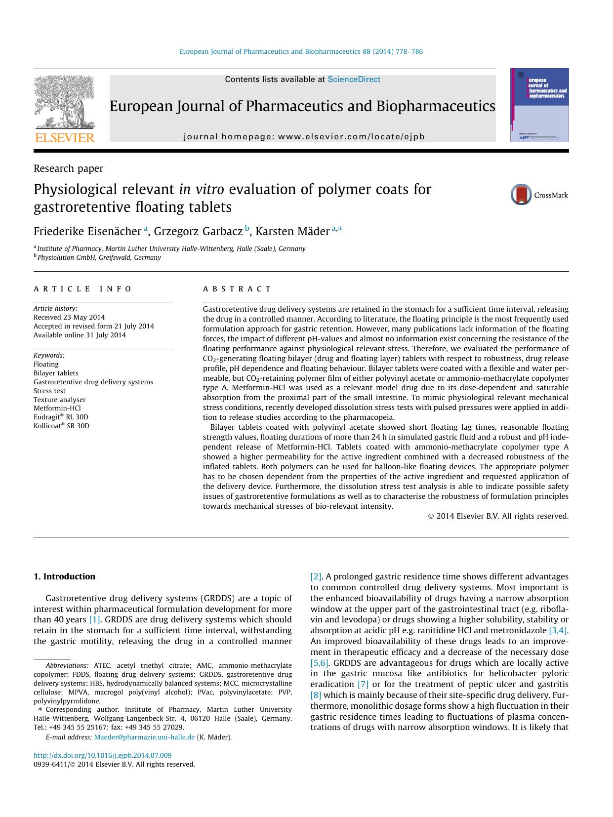 Physiological relevant in vitro evaluation of polymer coats for gastroretentive floating tablets by Friederike EisenÃ¤cher & Grzegorz Garbacz & Karsten Mäder