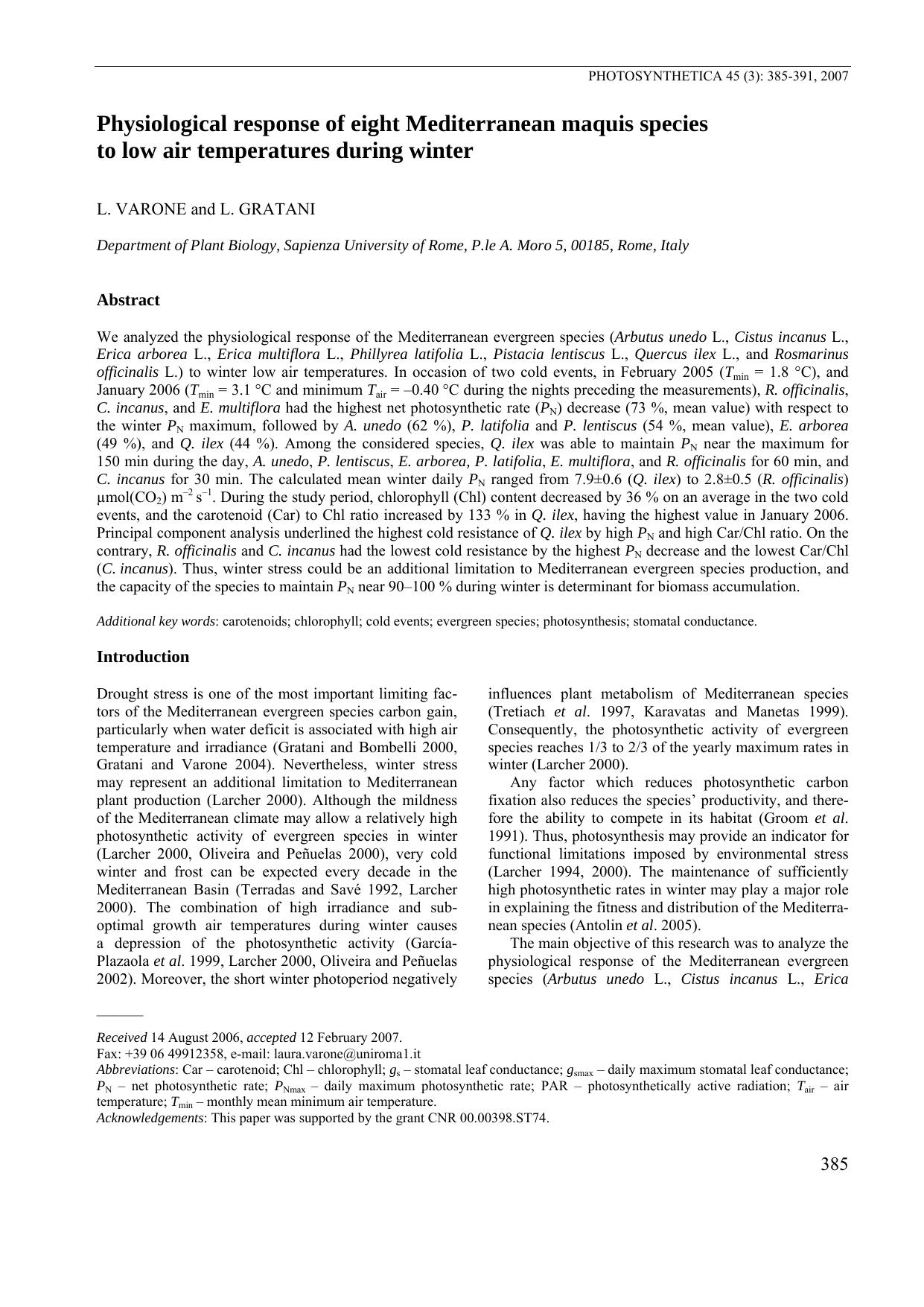 Physiological response of eight Mediterranean maquis species to low air temperatures during winter by Unknown