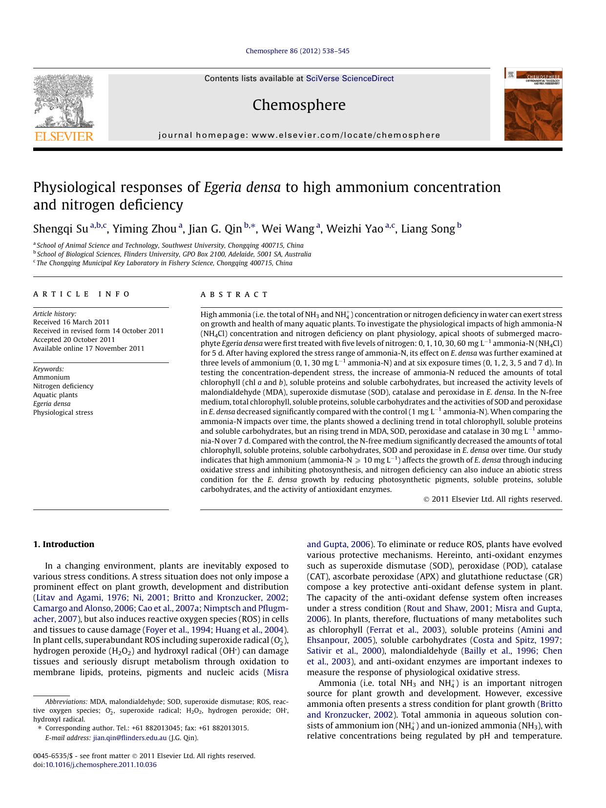 Physiological responses of Egeria densa to high ammonium concentration and nitrogen deficiency by Su Shengqi & Yiming Zhou & Jian G. Qin & Wei Wang & Weizhi Yao & Liang Song