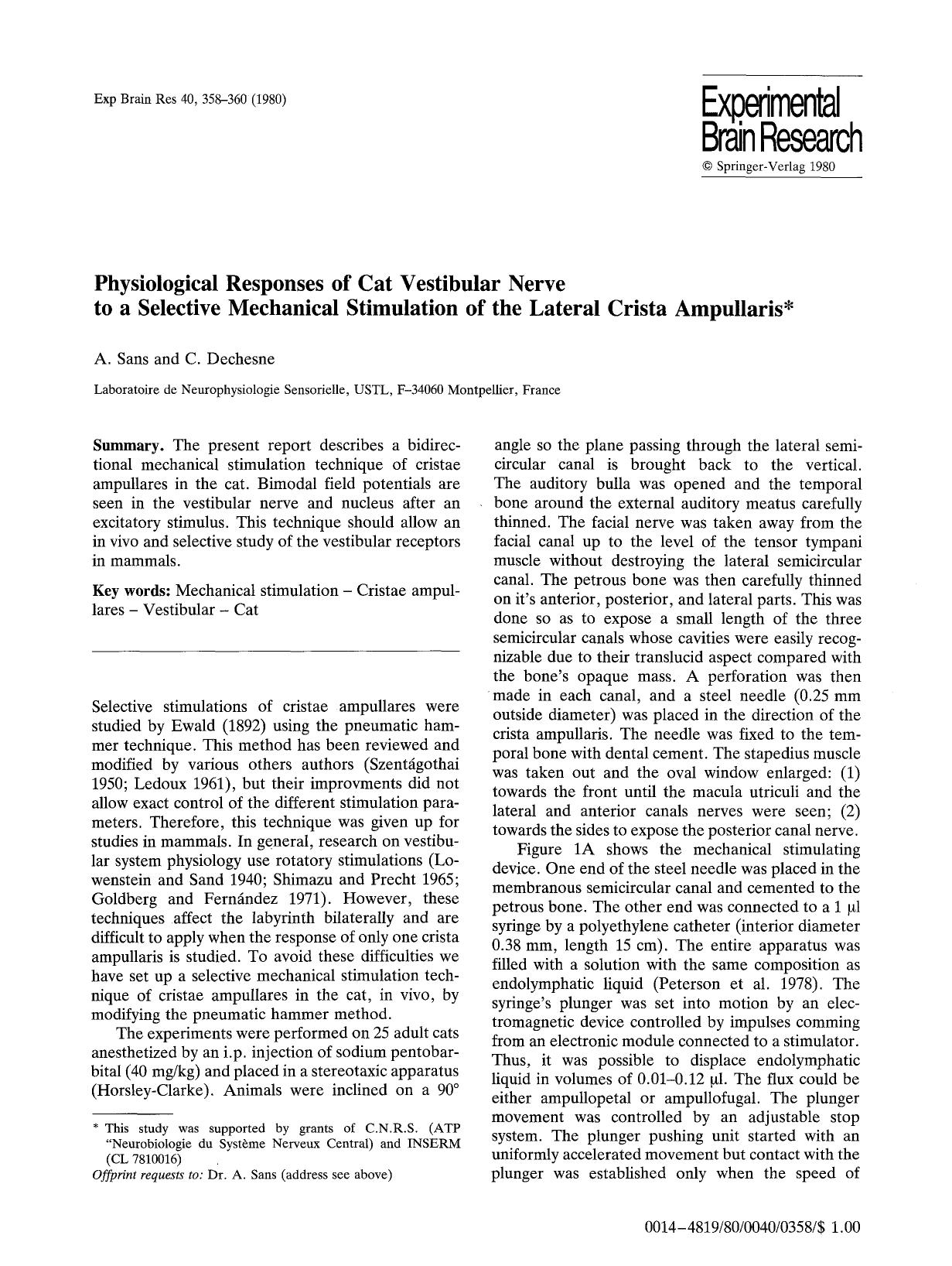 Physiological responses of cat vestibular nerve to a selective mechanical stimulation of the lateral crista ampullaris by Unknown