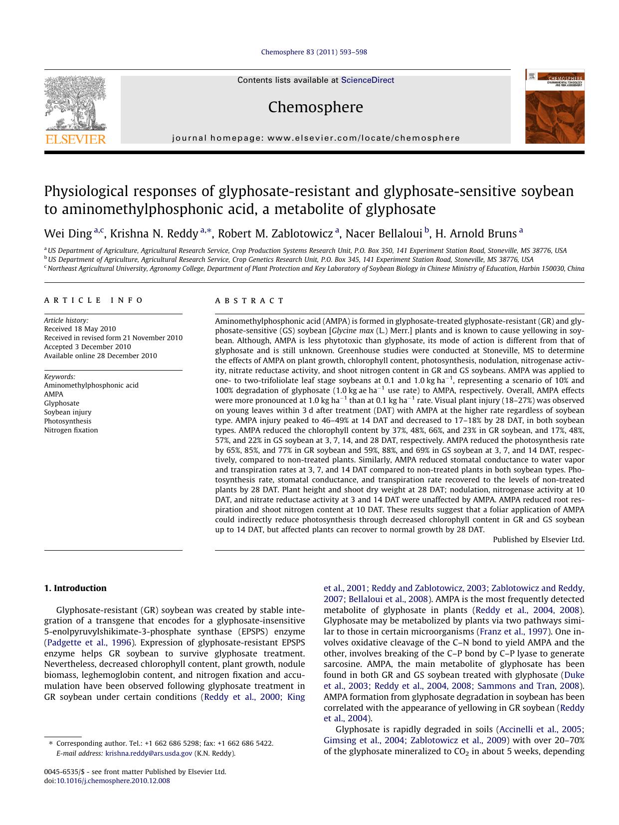 Physiological responses of glyphosate-resistant and glyphosate-sensitive soybean to aminomethylphosphonic acid, a metabolite of glyphosate by Wei Ding & Krishna N. Reddy & Robert M. Zablotowicz & Nacer Bellaloui & H. Arnold Bruns