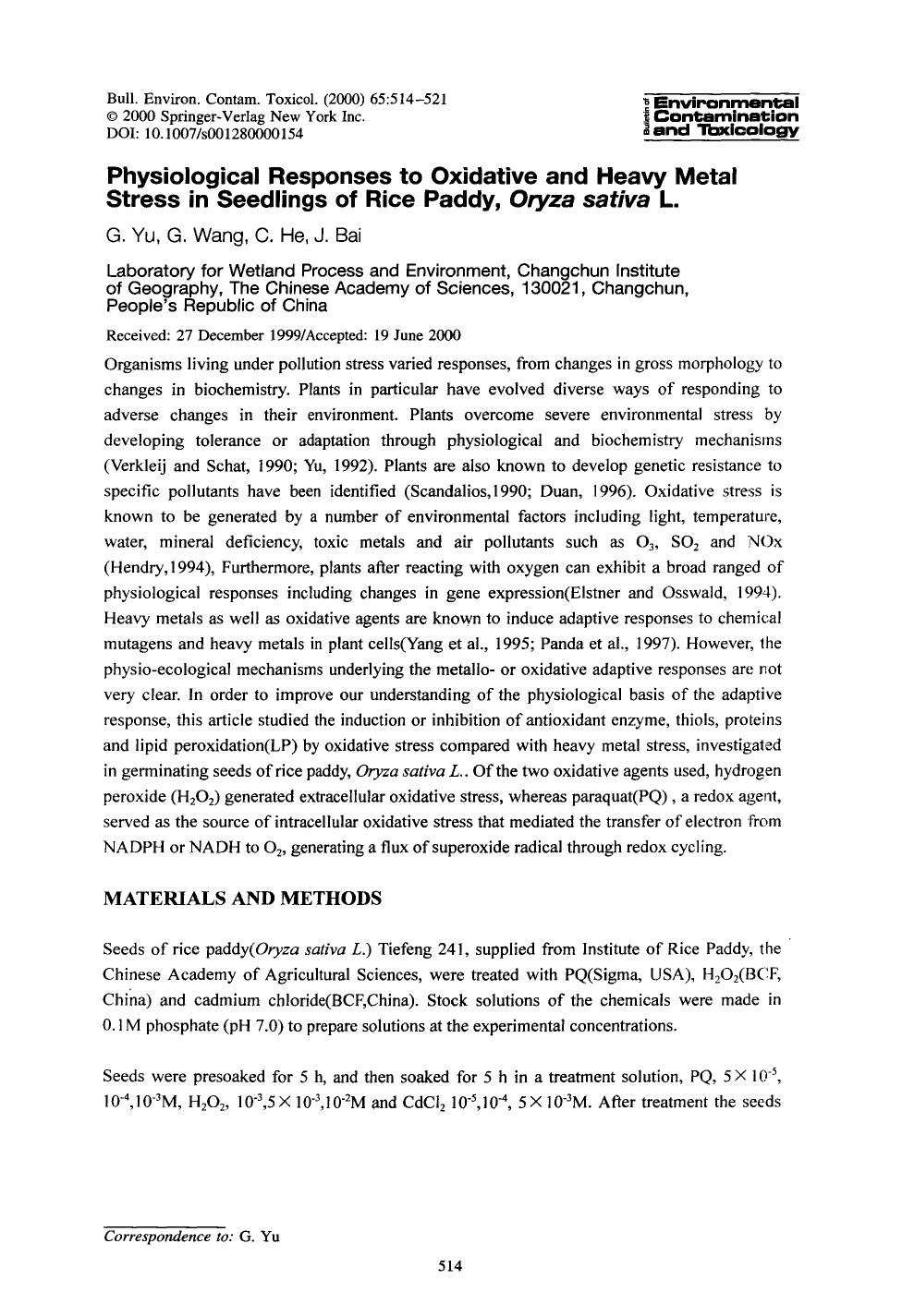 Physiological responses to oxidative and heavy metal stress in seedlings of rice paddy, <Emphasis Type="Italic">Oryza sativa <Emphasis> L. by Unknown
