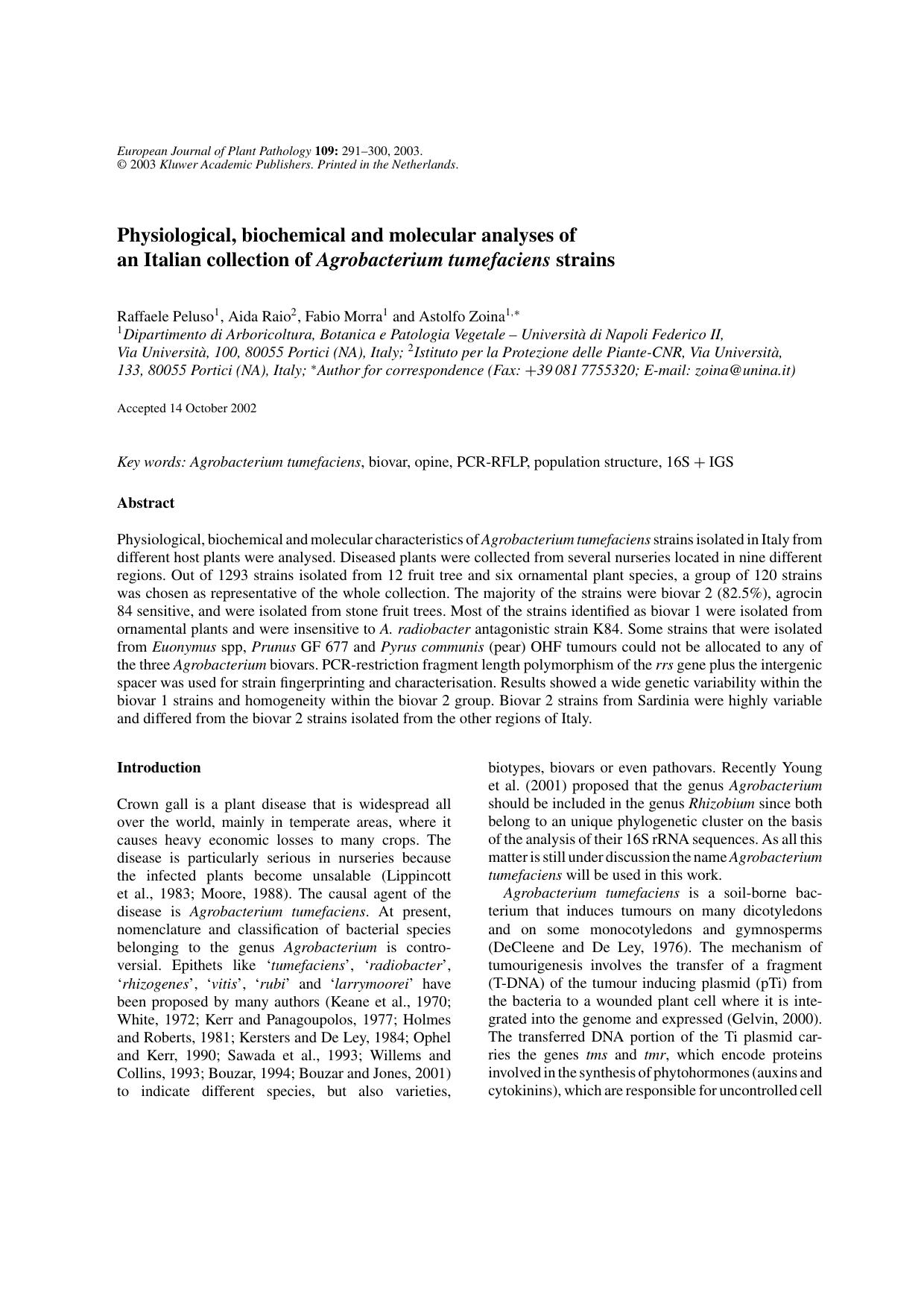 Physiological, Biochemical and Molecular Analyses of an Italian Collection of <Emphasis Type="Italic">Agrobacterium tumefaciens<Emphasis> strains by Unknown