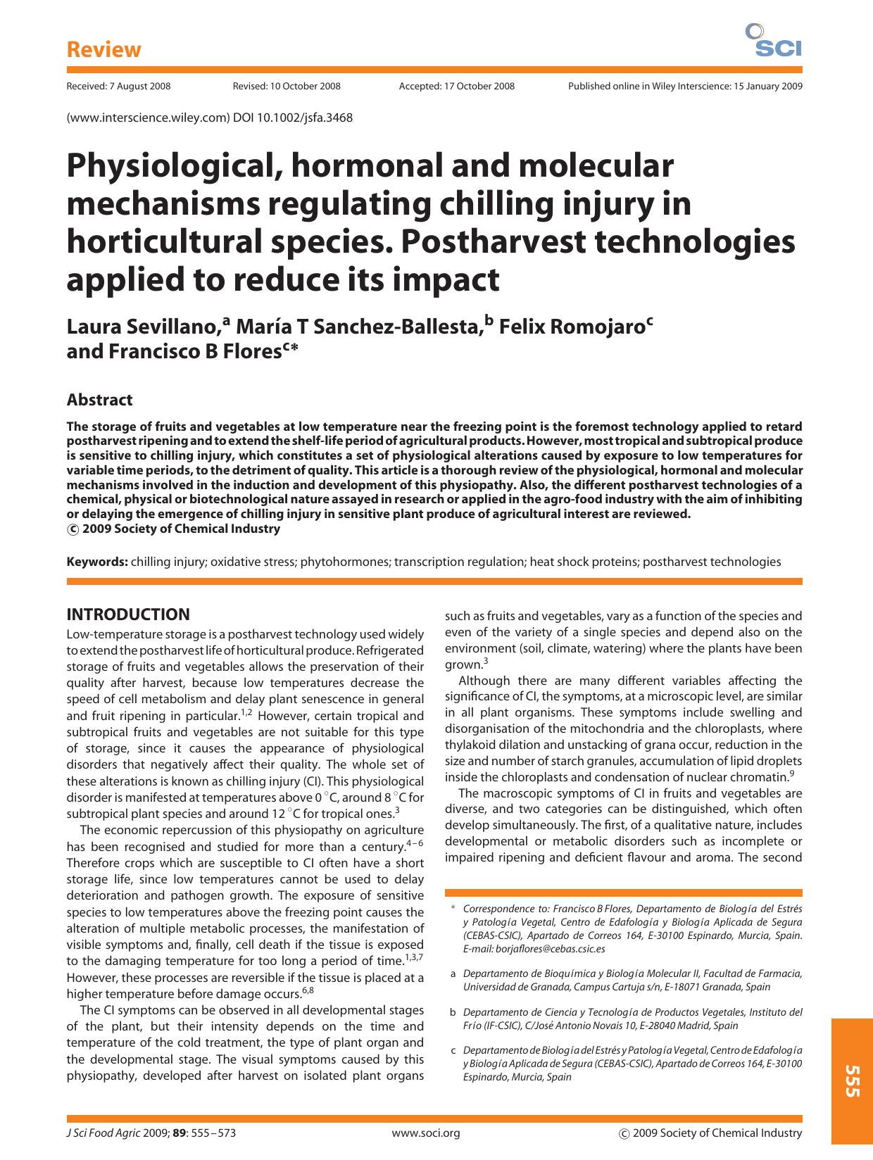 Physiological, hormonal and molecular mechanisms regulating chilling injury in horticultural species. Postharvest technologies applied to reduce its impact by Unknown