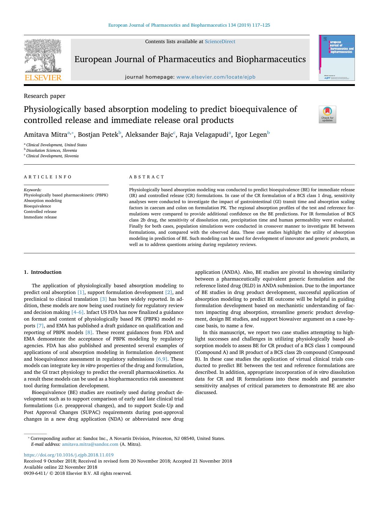 Physiologically based absorption modeling to predict bioequivalence of controlled release and immediate release oral products by Amitava Mitra & Bostjan Petek & Aleksander Bajc & Raja Velagapudi & Igor Legen