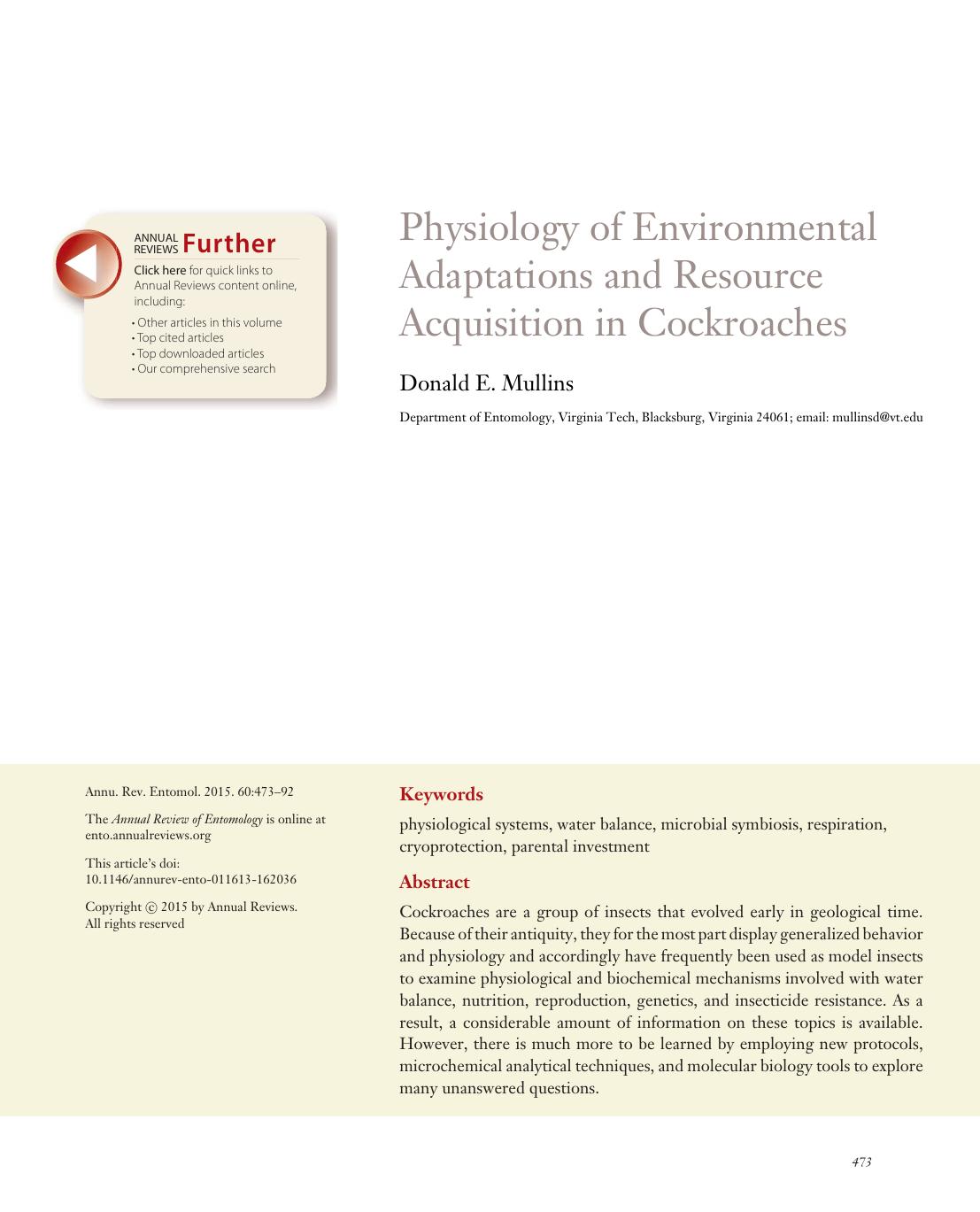 Physiology of Environmental Adaptations and Resource Acquisition in Cockroaches by Donald E. Mullins