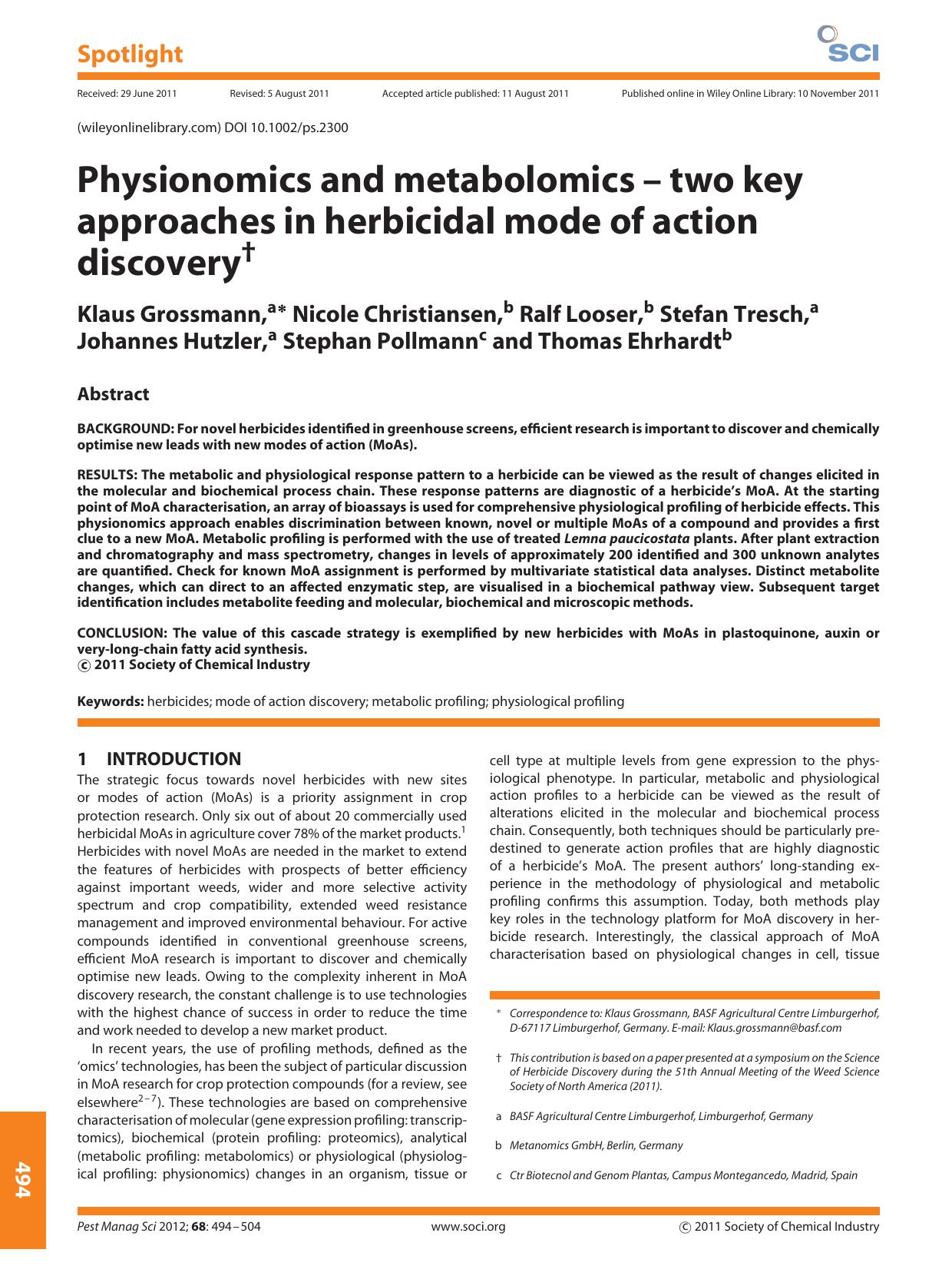 Physionomics and metabolomicstwo key approaches in herbicidal mode of action discovery by Unknown