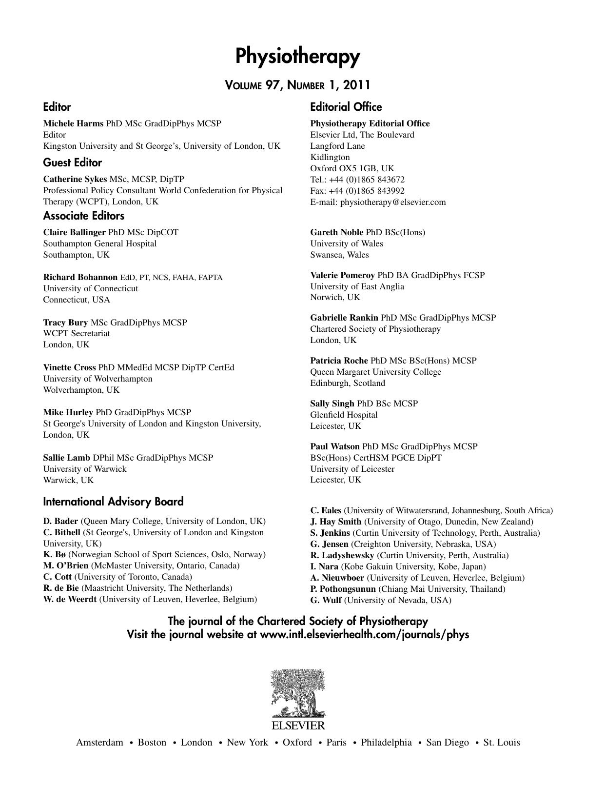 Physiotherapy, Volume 97, Issue 1 (2011) by Michele Harms