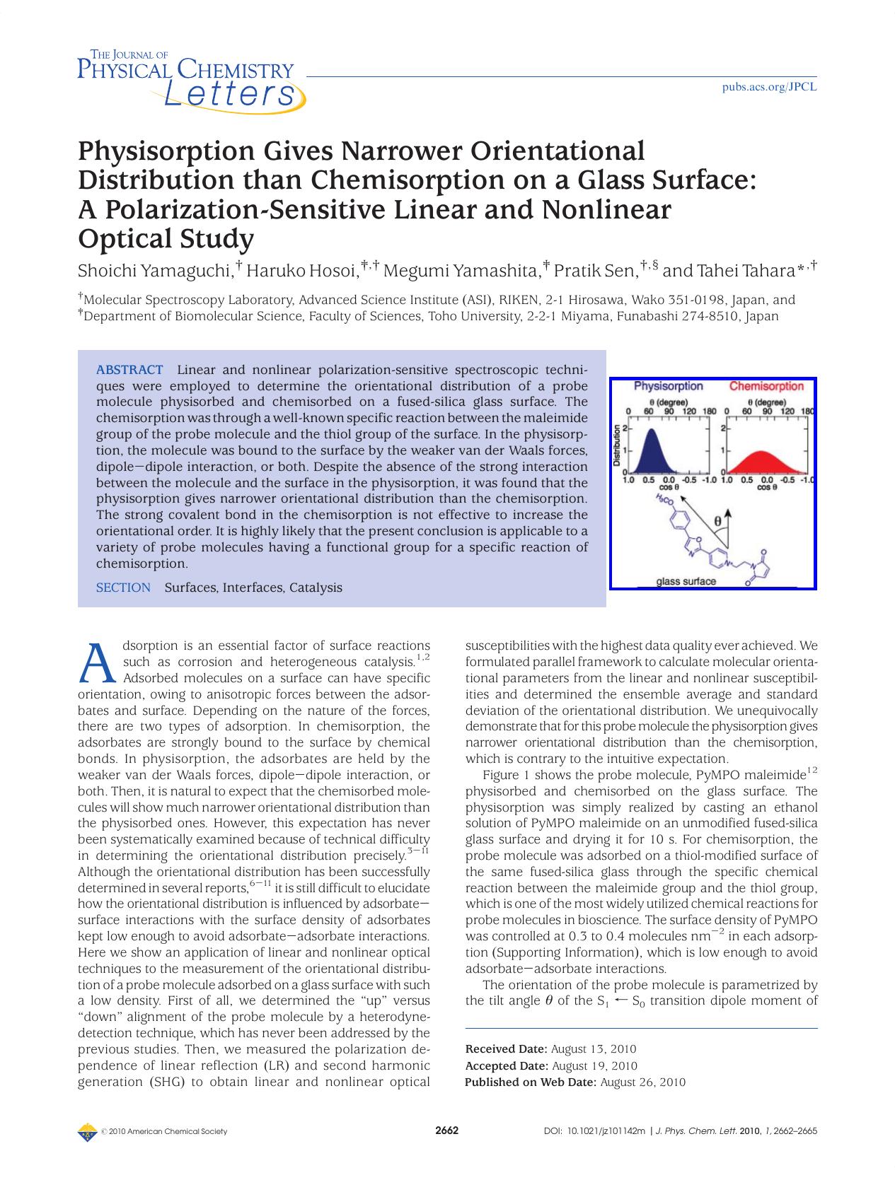 Physisorption Gives Narrower Orientational Distribution than Chemisorption on a Glass Surface: A Polarization-Sensitive Linear and Nonlinear Optical Study by Unknown