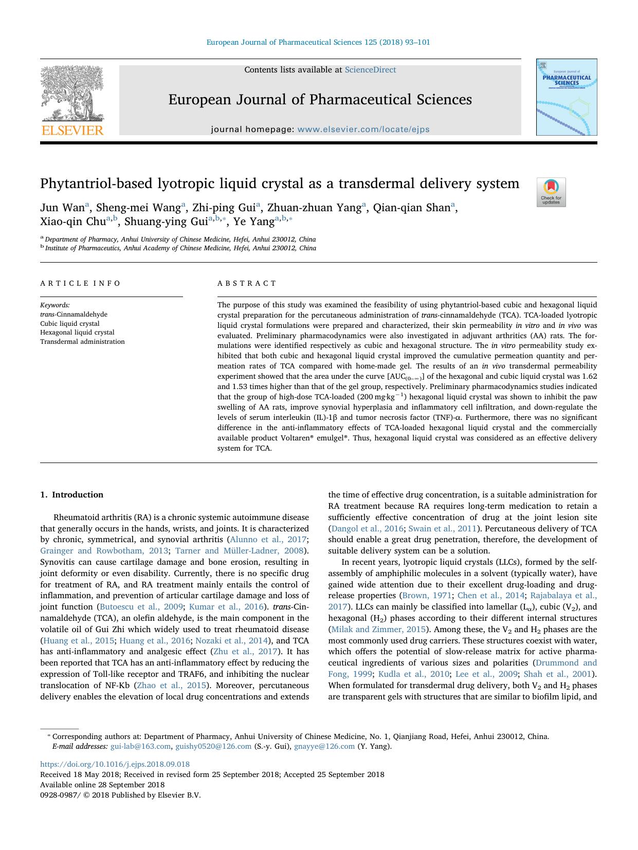 Phytantriol-based lyotropic liquid crystal as a transdermal delivery system by unknow