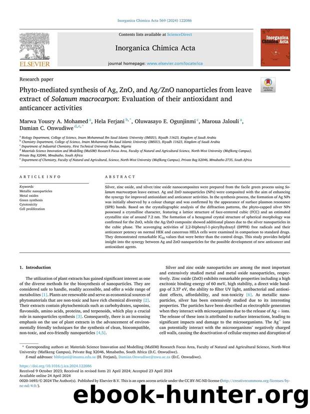 Phyto-mediated synthesis of Ag, ZnO, and AgZnO nanoparticles from leave extract of Solanum macrocarpon : Evaluation of their antioxidant and anticancer activities by unknow
