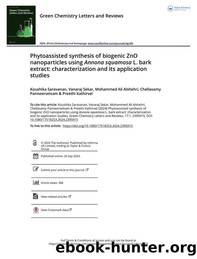 Phytoassisted synthesis of biogenic ZnO nanoparticles using Annona squamosa L. bark extract: characterization and its application studies by Koushika Saravanan
