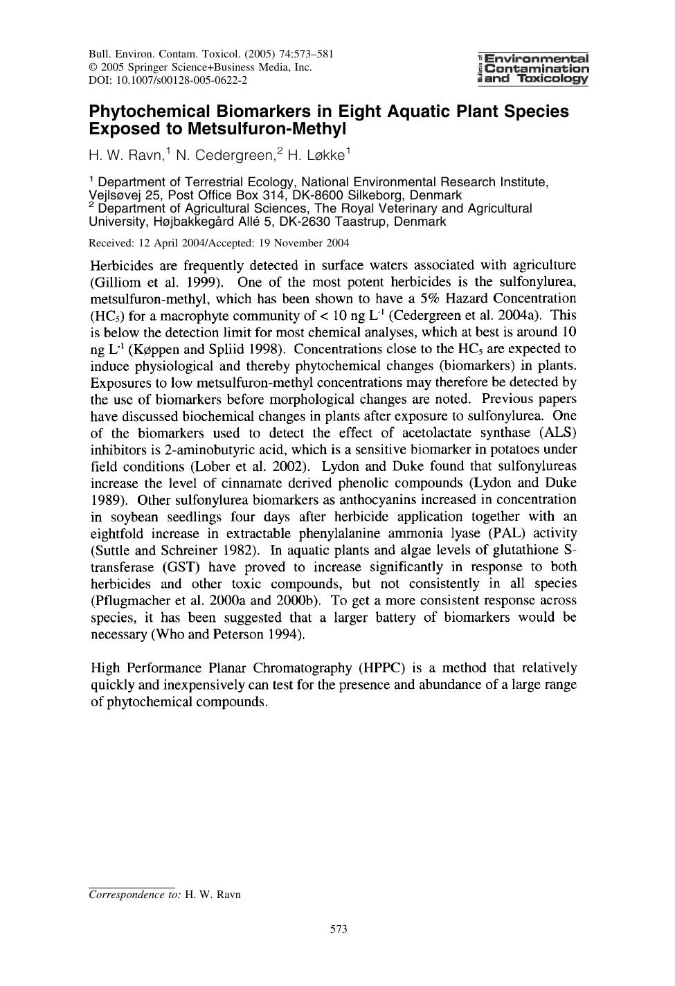 Phytochemical Biomarkers in Eight Aquatic Plant Species Exposed to Metsulfuron-Methyl by Ravn H. et al