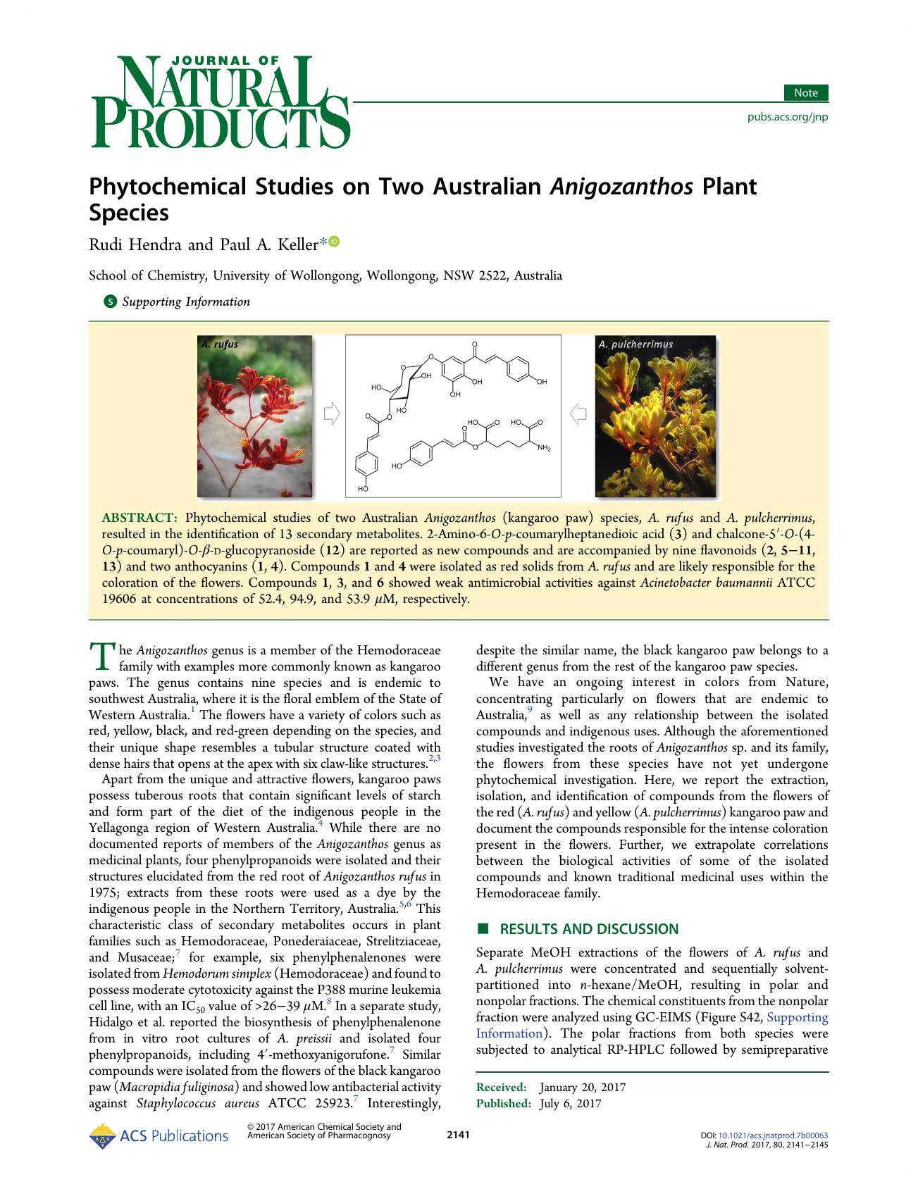 Phytochemical Studies on Two Australian Anigozanthos Plant Species by Rudi Hendra & Paul A. Keller