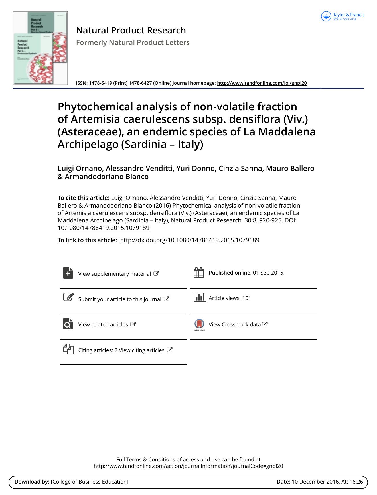 Phytochemical analysis of non-volatile fraction of Artemisia caerulescens subsp. densiflora (Viv.) (Asteraceae), an endemic species of La Maddalena Archipelago (Sardinia â Italy) by unknow