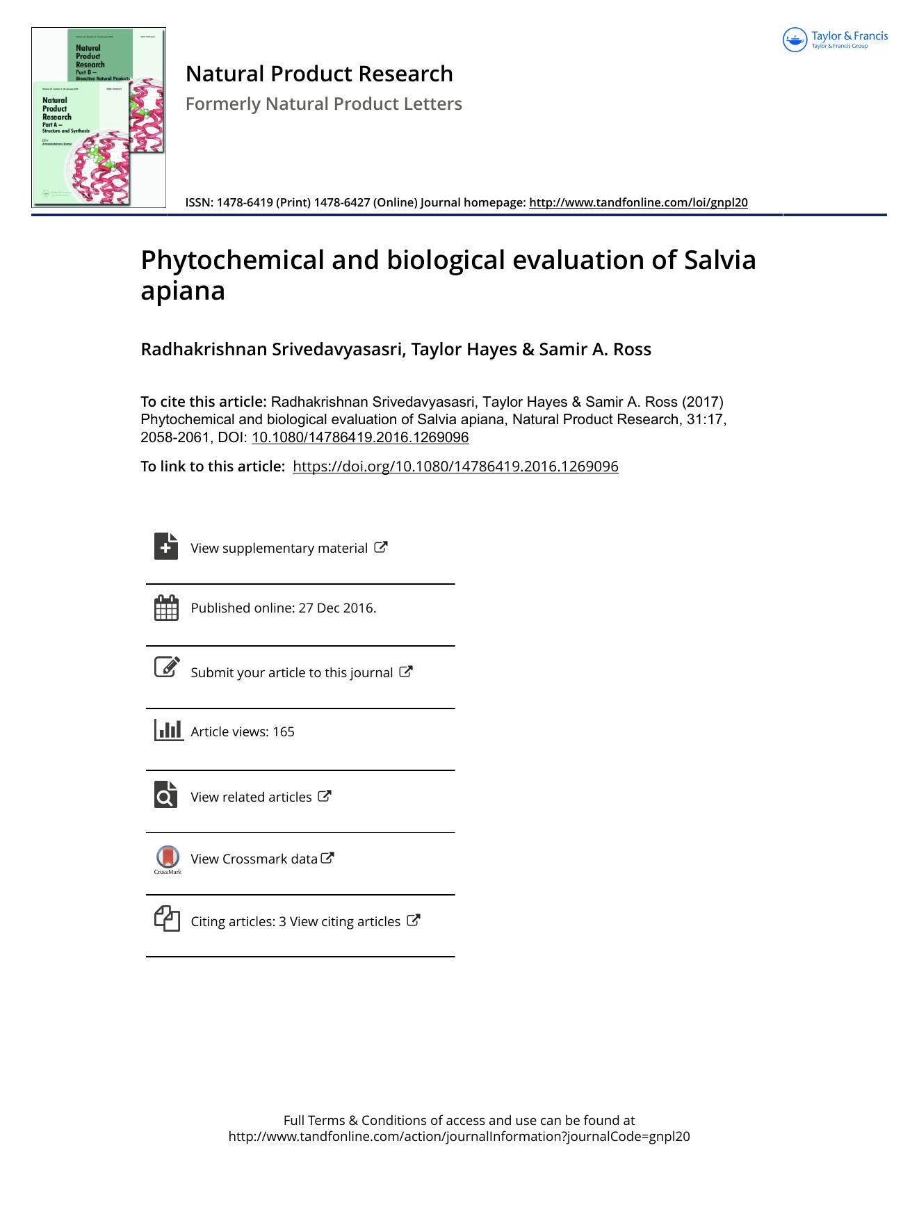 Phytochemical and biological evaluation of Salvia apiana by Radhakrishnan Srivedavyasasri & Taylor Hayes & Samir A. Ross