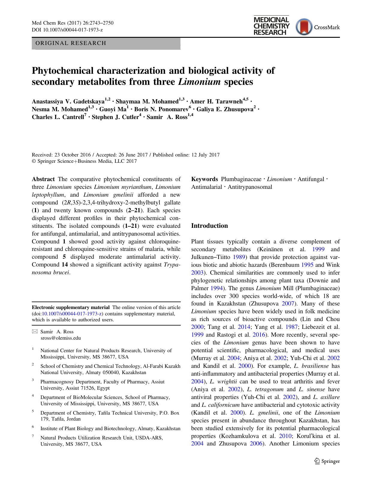 Phytochemical characterization and biological activity of secondary metabolites from three Limonium species by unknow