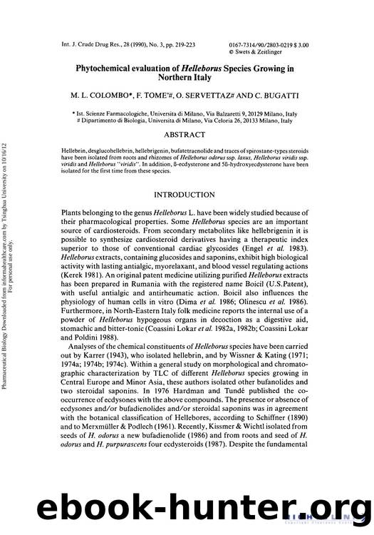 Phytochemical evaluation of Helleborus Species Growing in Northern Italy by M. L. Colombo F. Tome' O. Servettaz & C. Bugatti