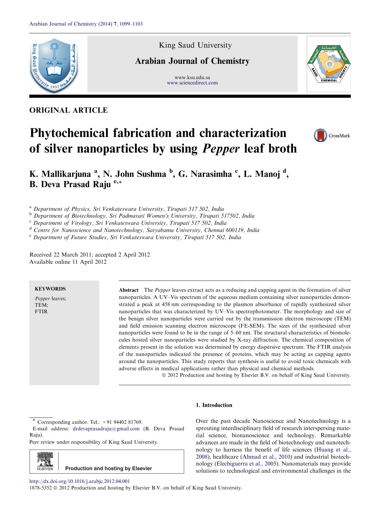 Phytochemical fabrication and characterization of silver nanoparticles by using Pepper leaf broth by K. Mallikarjuna & N. John Sushma & G. Narasimha & L. Manoj & B. Deva Prasad Raju