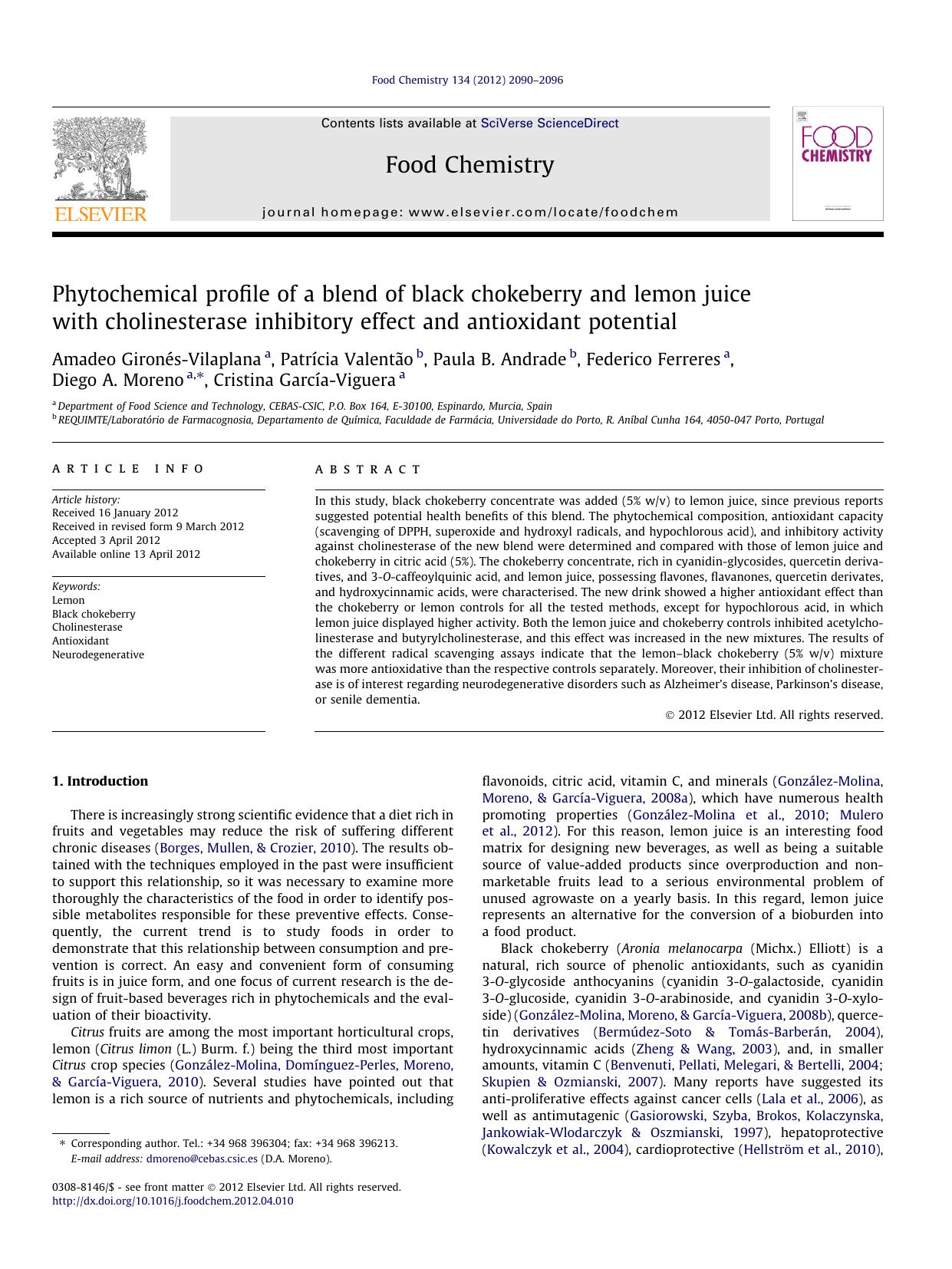 Phytochemical profile of a blend of black chokeberry and lemon juice with cholinesterase inhibitory effect and antioxidant potential by unknow