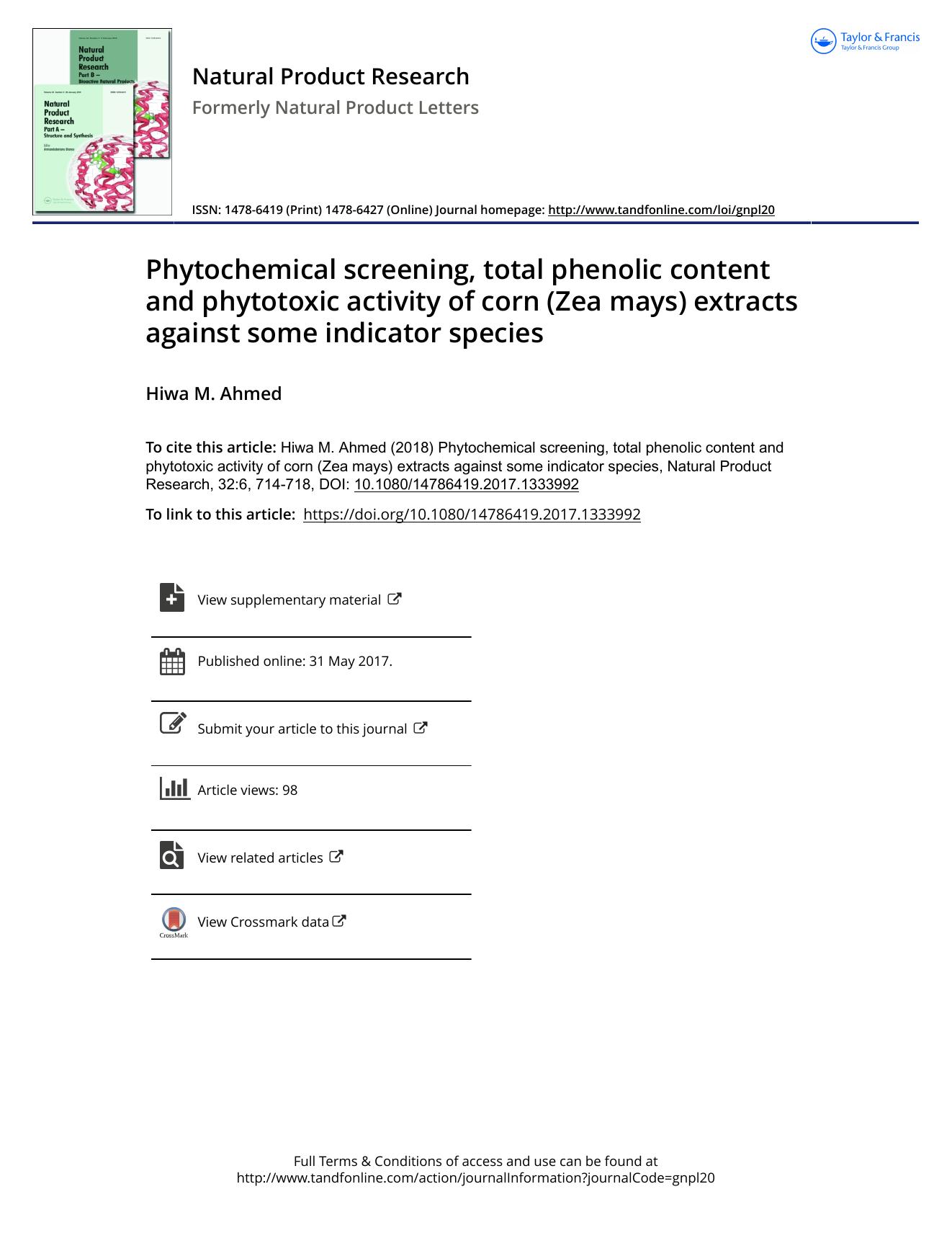 Phytochemical screening, total phenolic content and phytotoxic activity of corn (Zea mays) extracts against some indicator species by Hiwa M. Ahmed