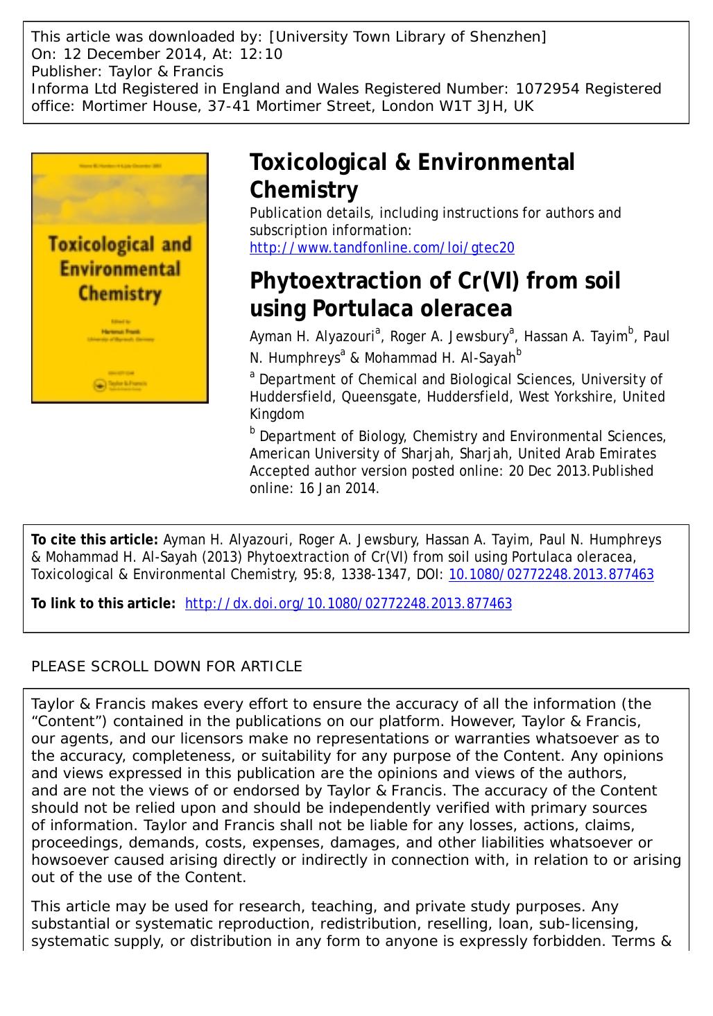 Phytoextraction of Cr\(VI\) from soil using Portulaca oleracea by Ayman H. Alyazouri