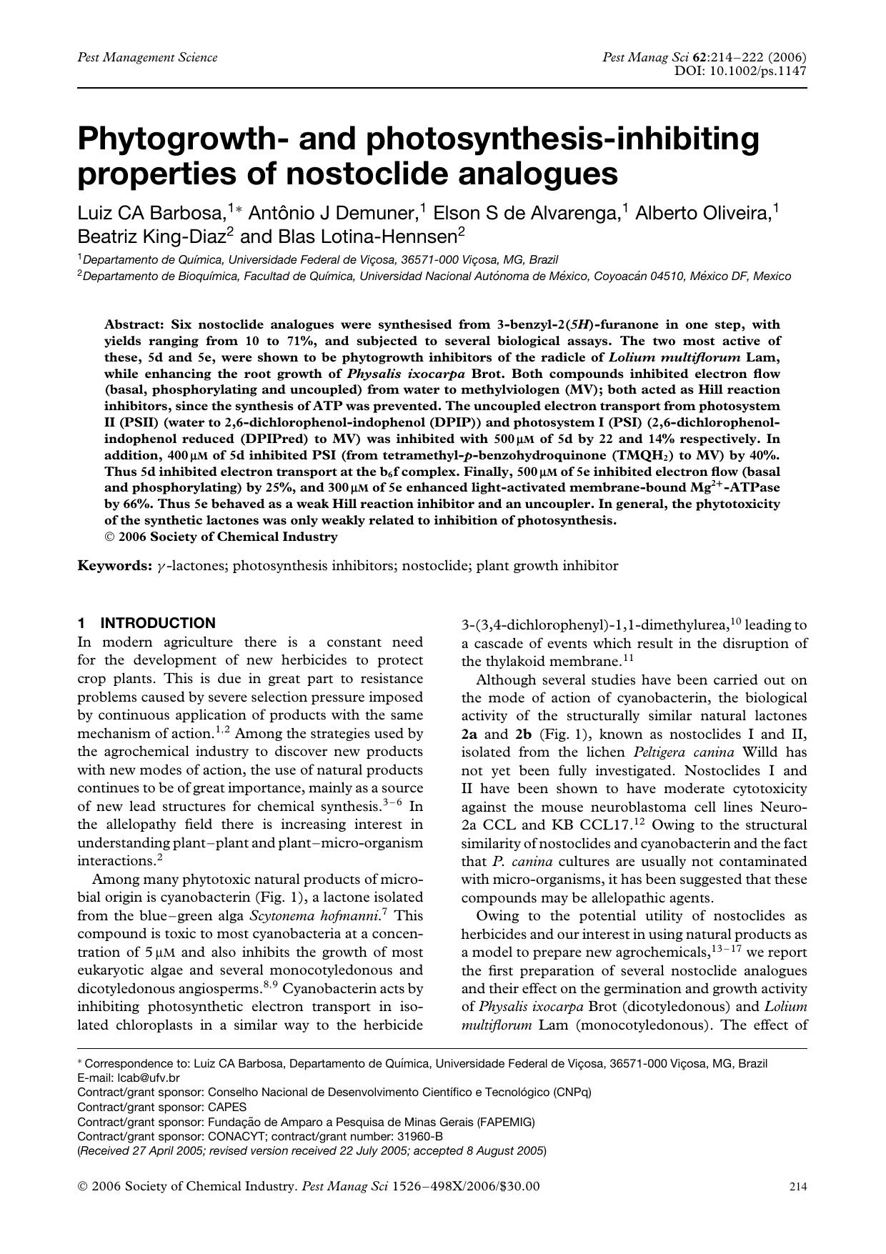 Phytogrowth- and photosynthesis-inhibiting properties of nostoclide analogues by Unknown
